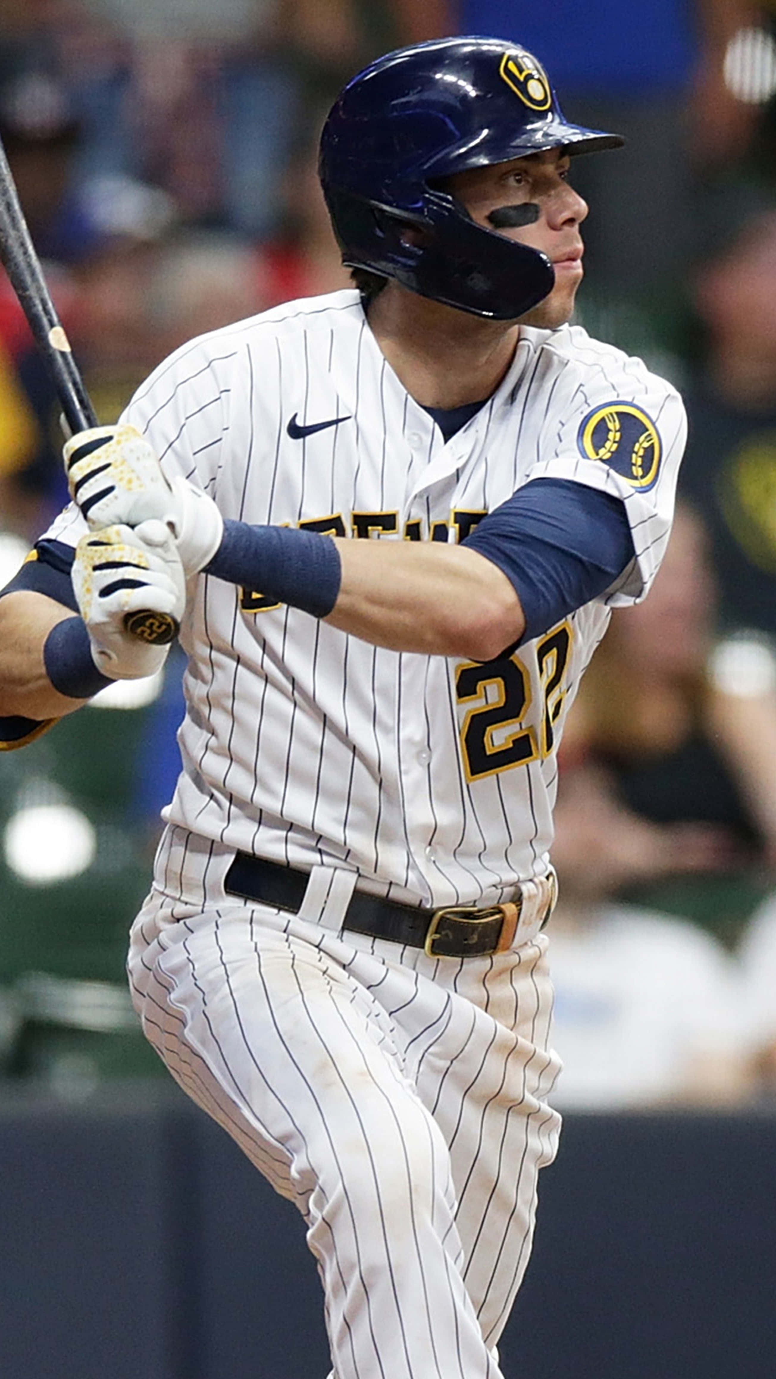 Christian Yelich, white pinstripe uniform, number 27, 4K Phone Wallpaper