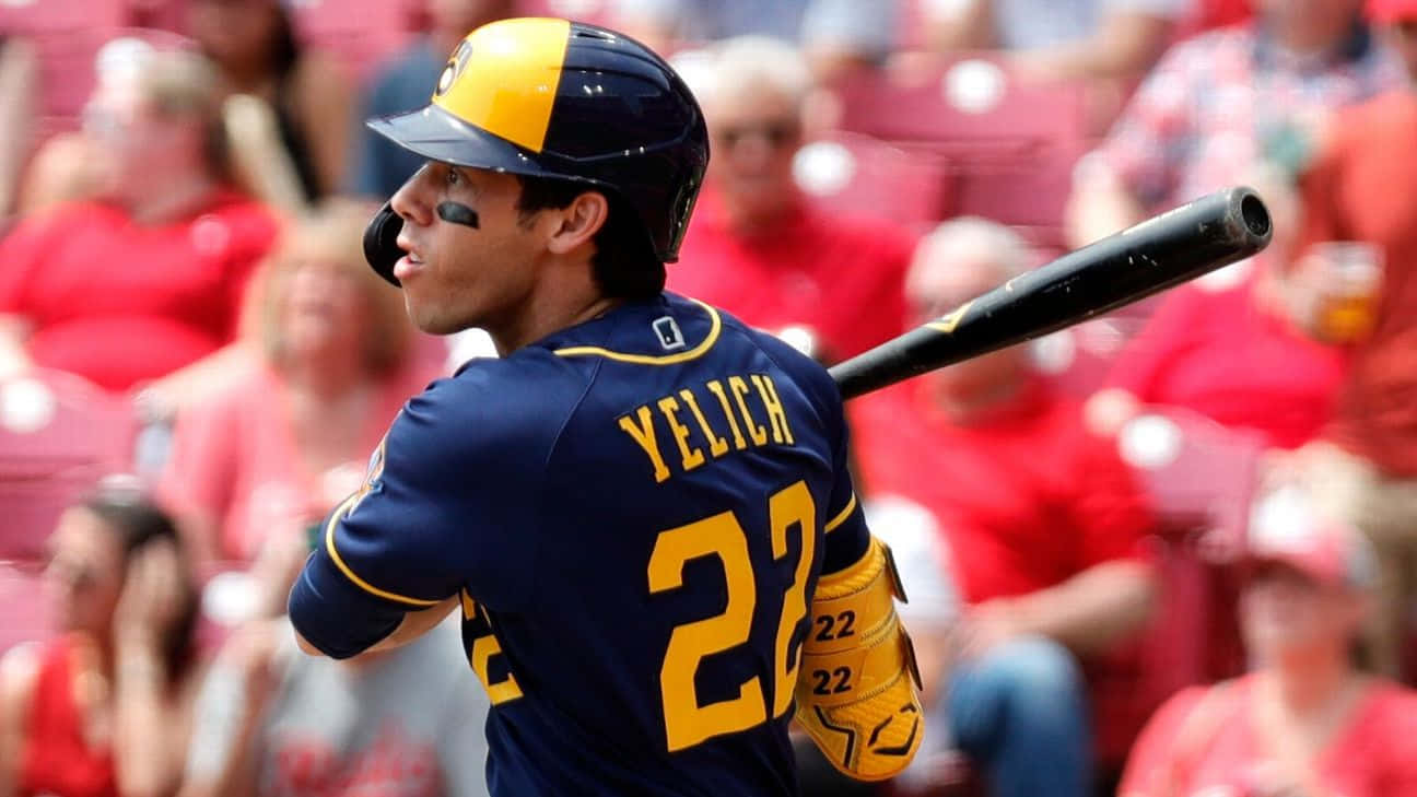 Christian Yelich, navy blue and gold uniform, bat, HD Desktop Wallpaper