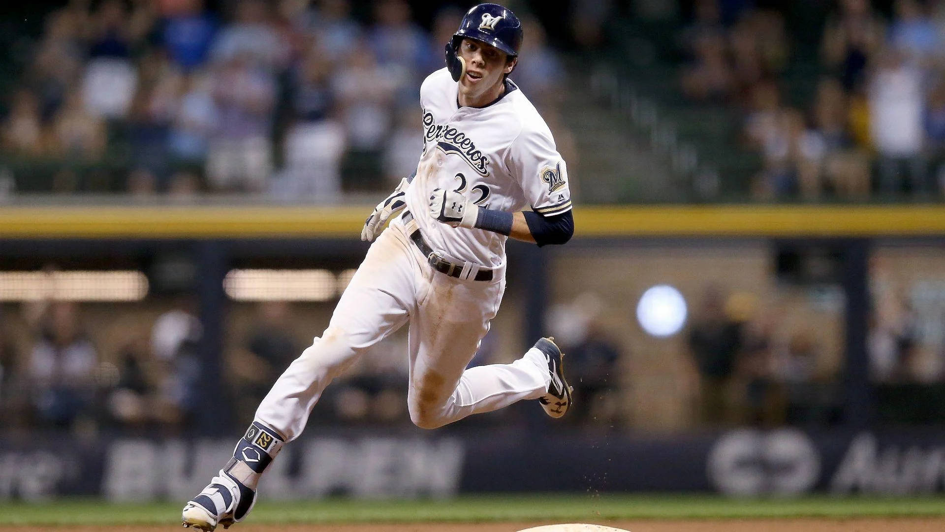 Christian Yelich, baseball field, white uniform, Full HD Desktop Wallpaper