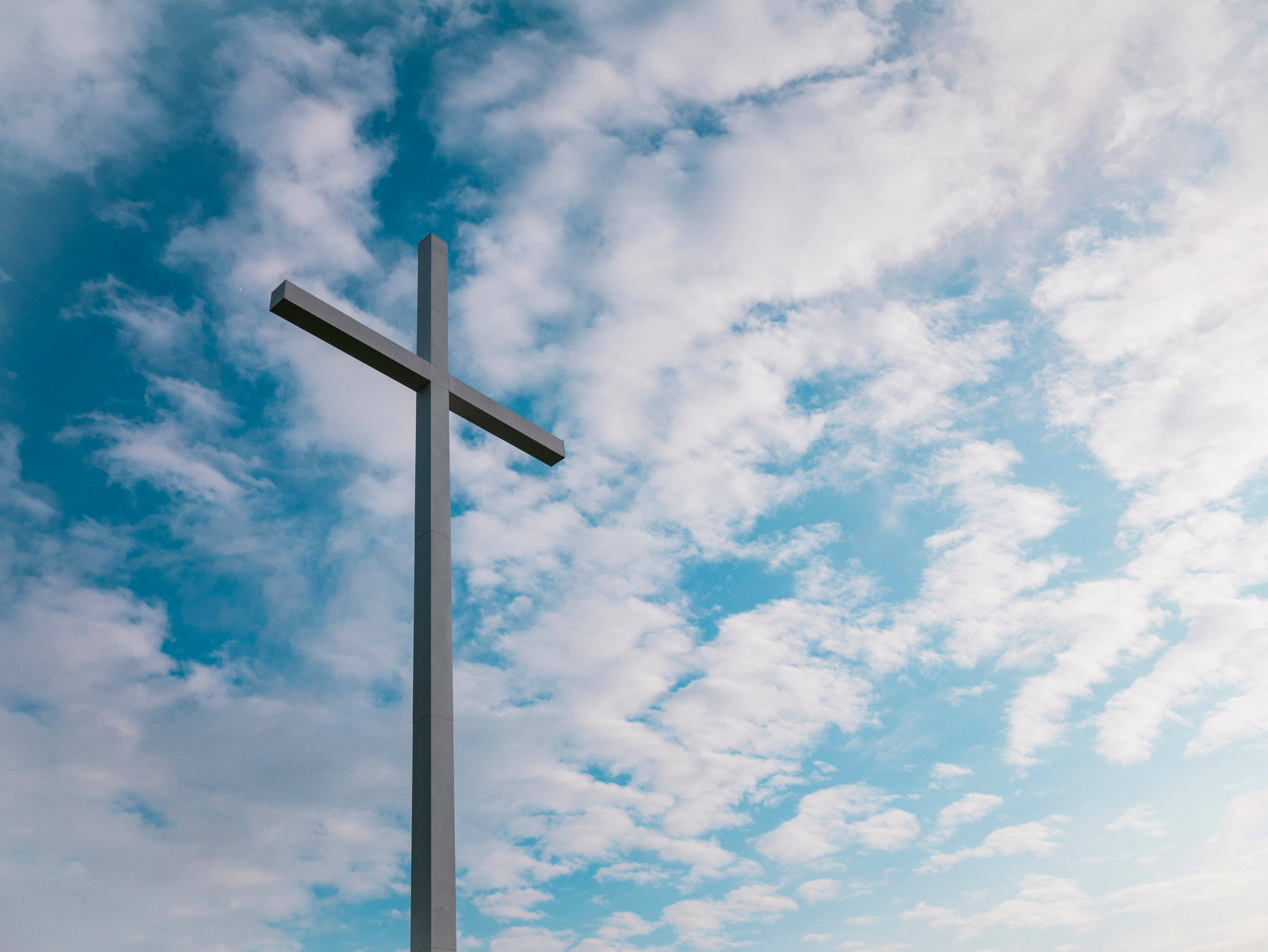 metallic cross, vibrant blue sky, fluffy white clouds, Full HD Desktop Wallpaper
