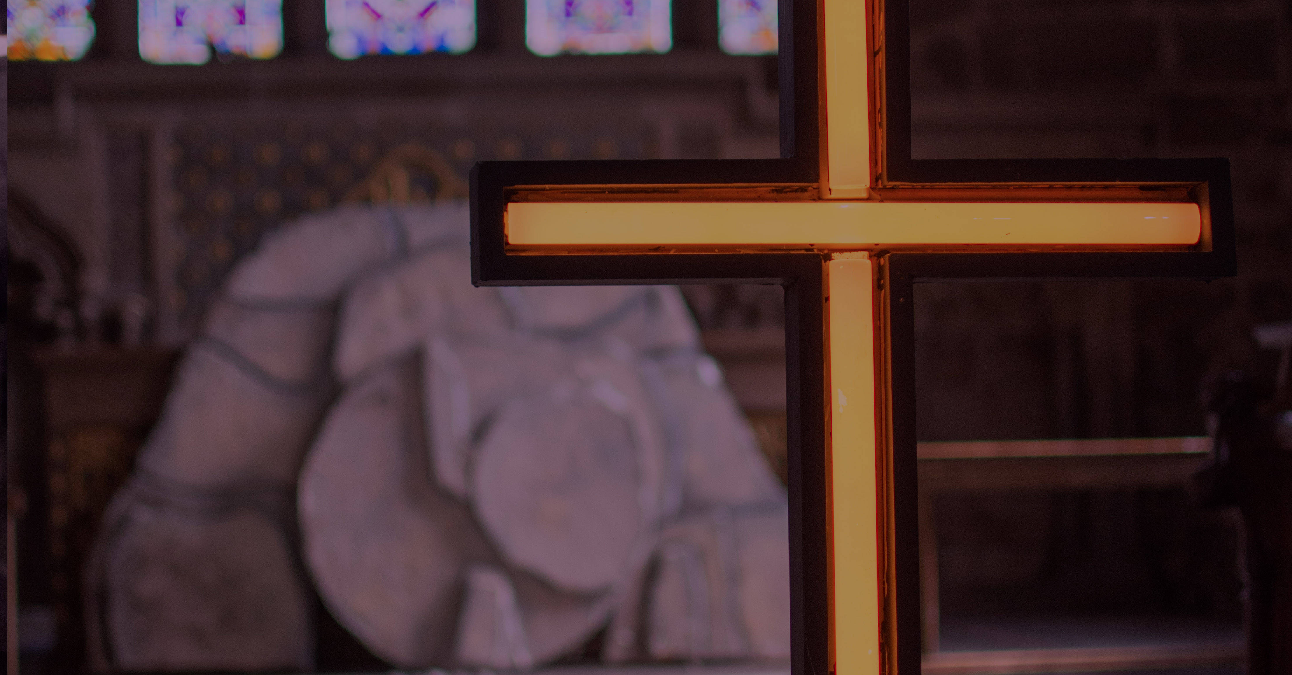 wooden cross, stone sculpture, stained glass windows, 4K Desktop Wallpaper