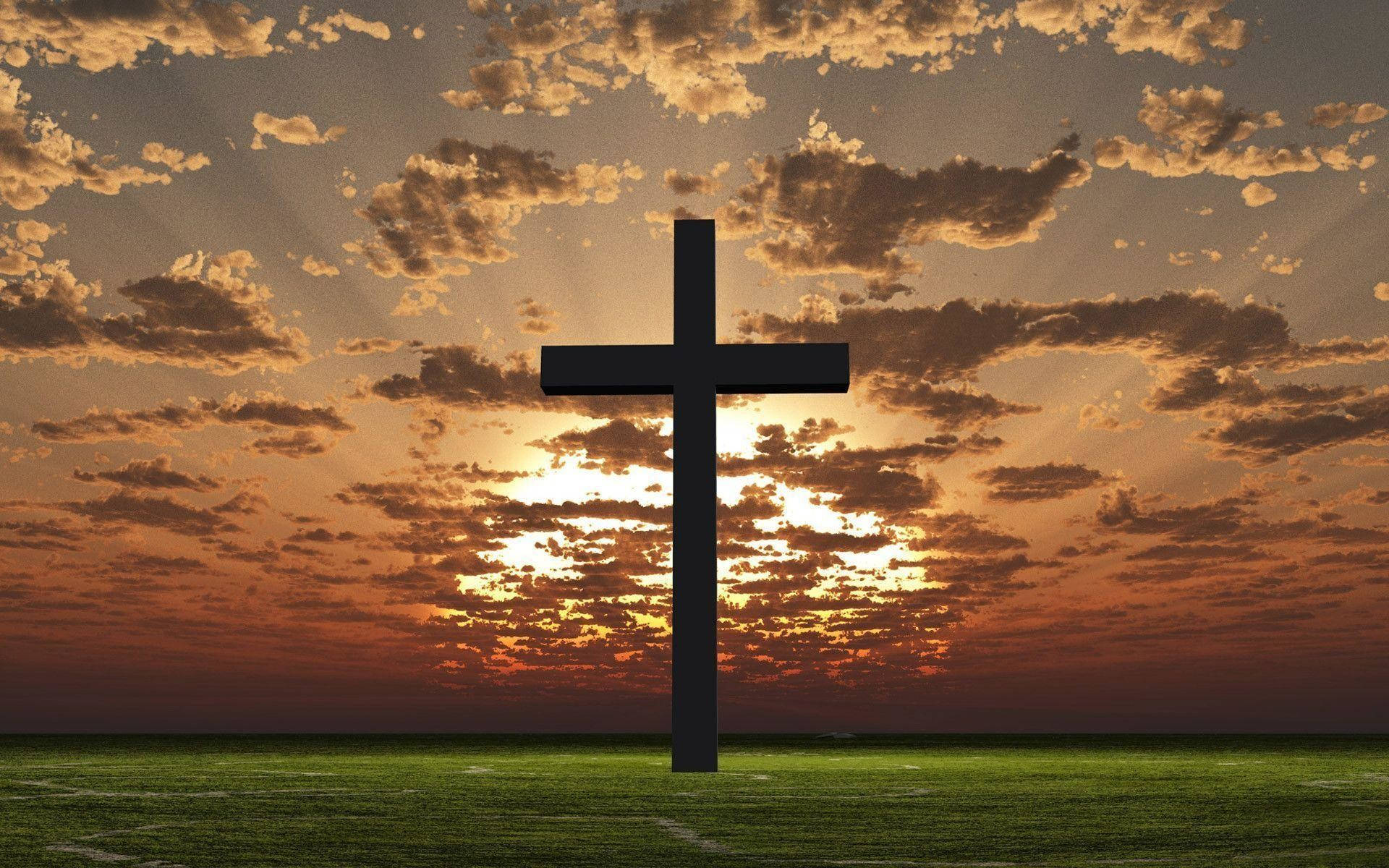 black cross, vibrant green field, dramatic sunset sky, Full HD Desktop Wallpaper