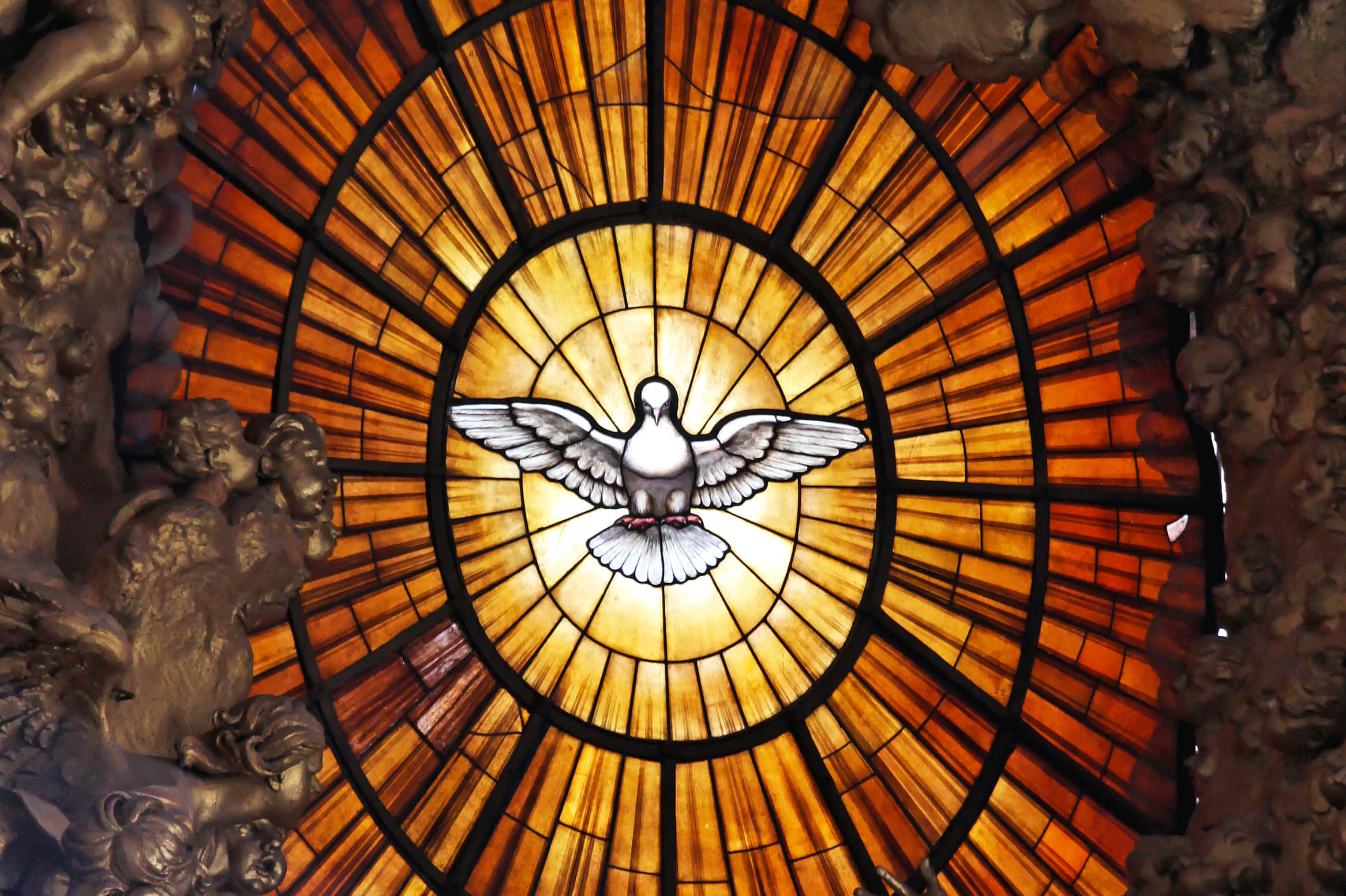 white dove, radiant stained glass window, ornate bronze cherubs, Full HD Desktop Wallpaper