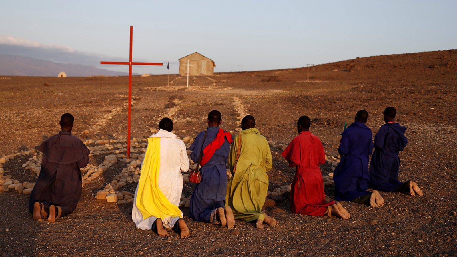 monks, colorful robes, red cross, HD Desktop Wallpaper
