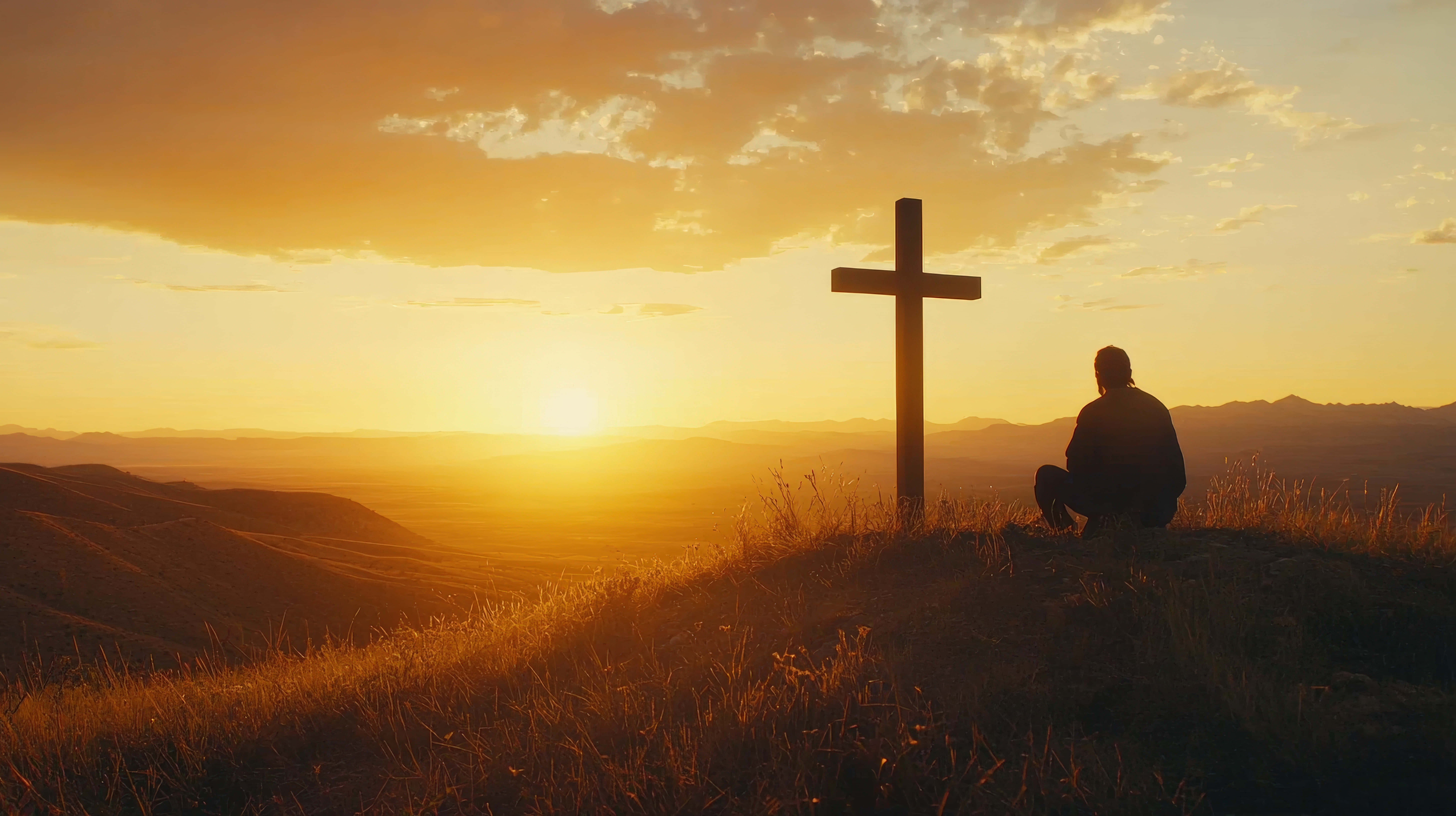 wooden cross, grassy hill, sunset, 8K Desktop Wallpaper