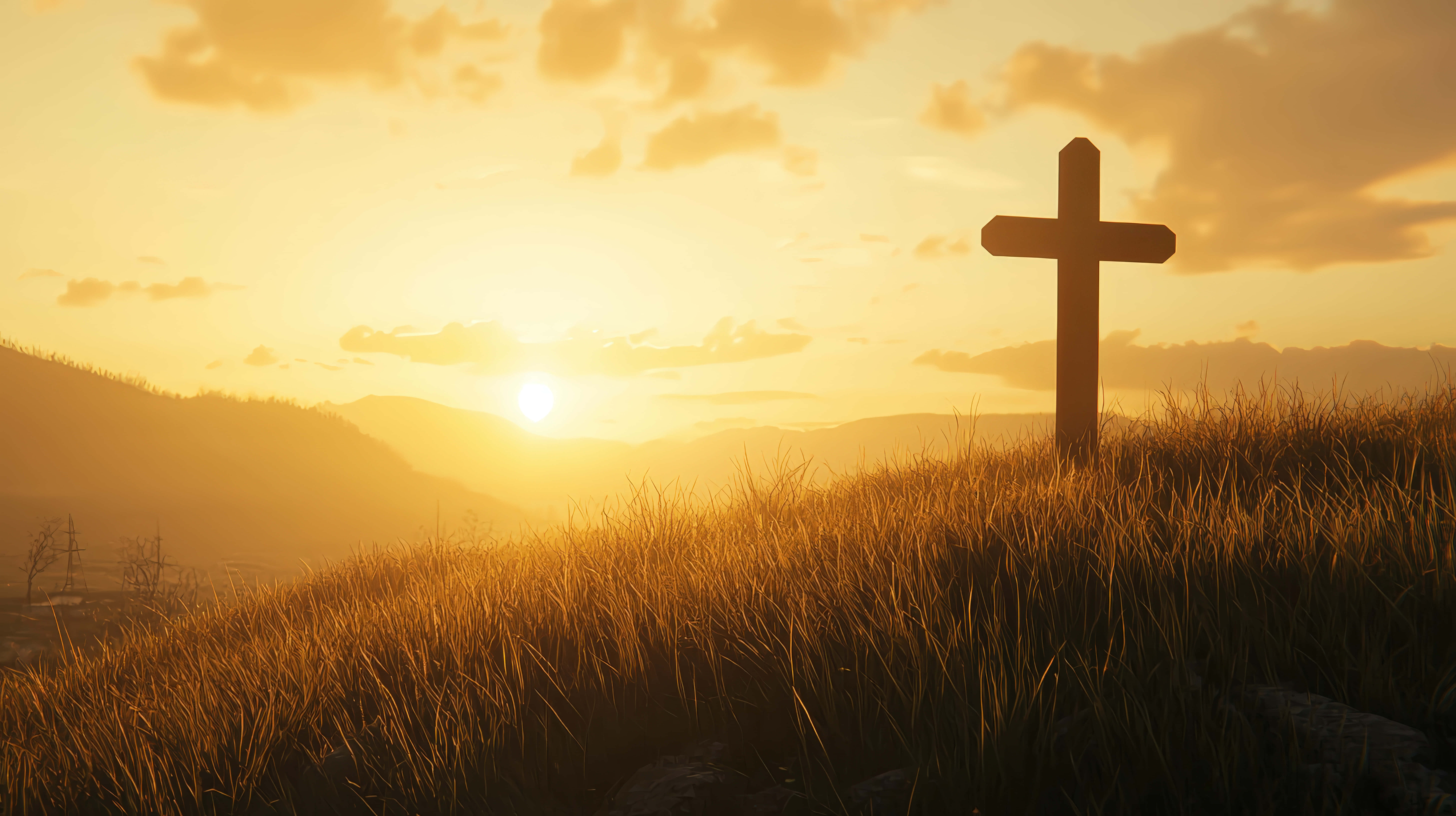 wooden cross, grassy hill, golden sunset, 8K Desktop Wallpaper