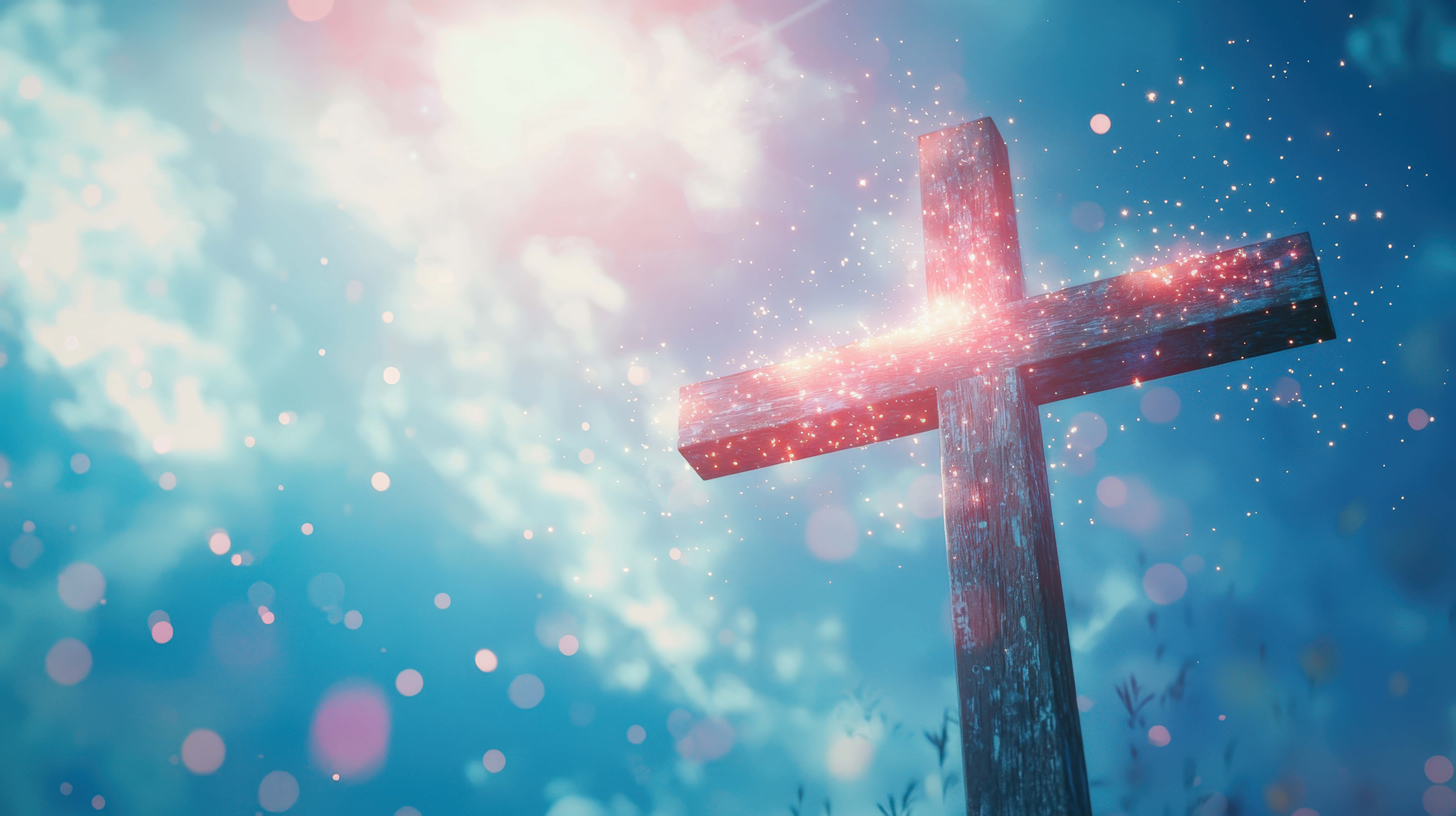 wooden cross, glowing red light, blue sky, 8K Desktop Wallpaper