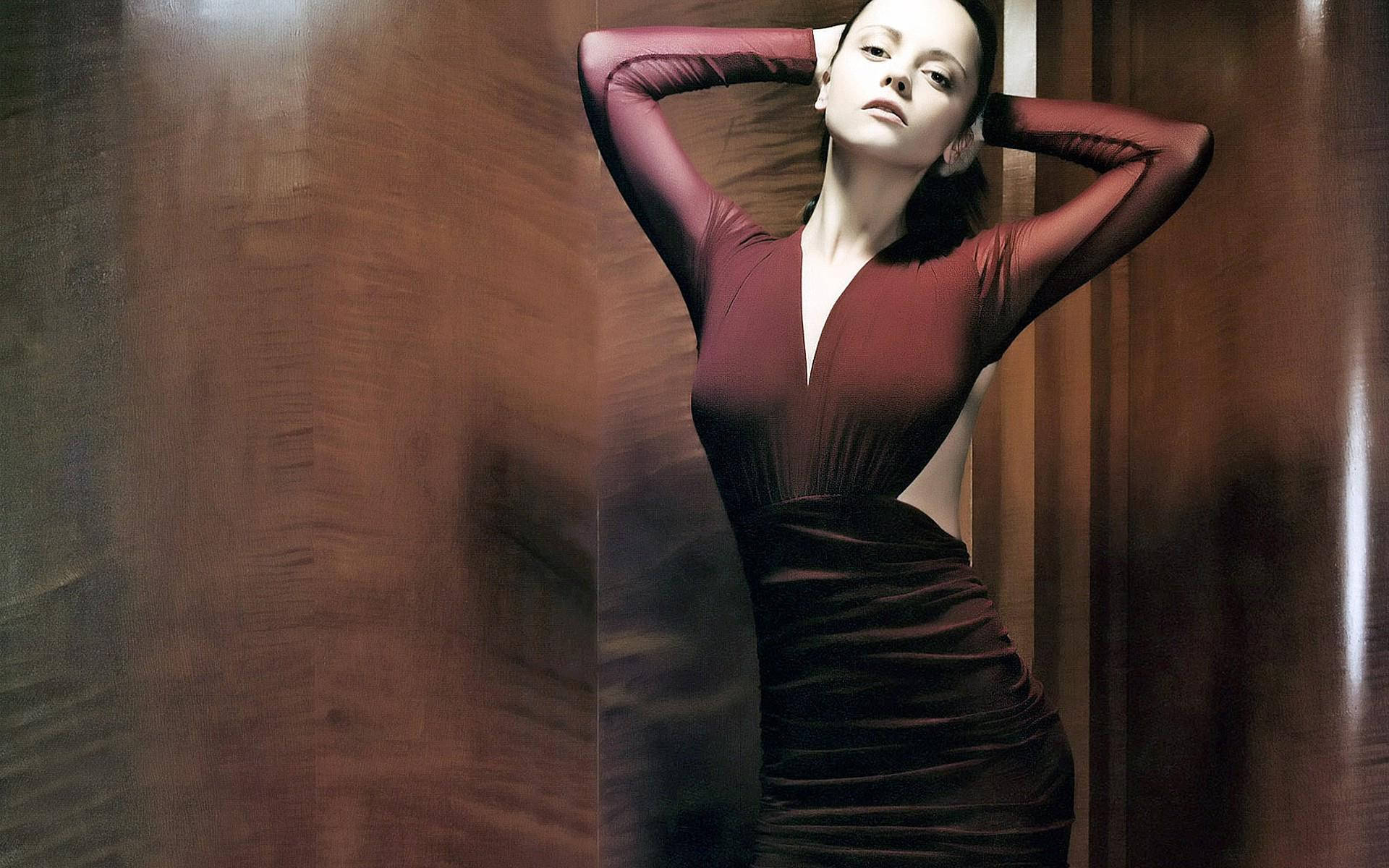 red dress, Christina Ricci, polished wooden wall, Full HD Desktop Wallpaper