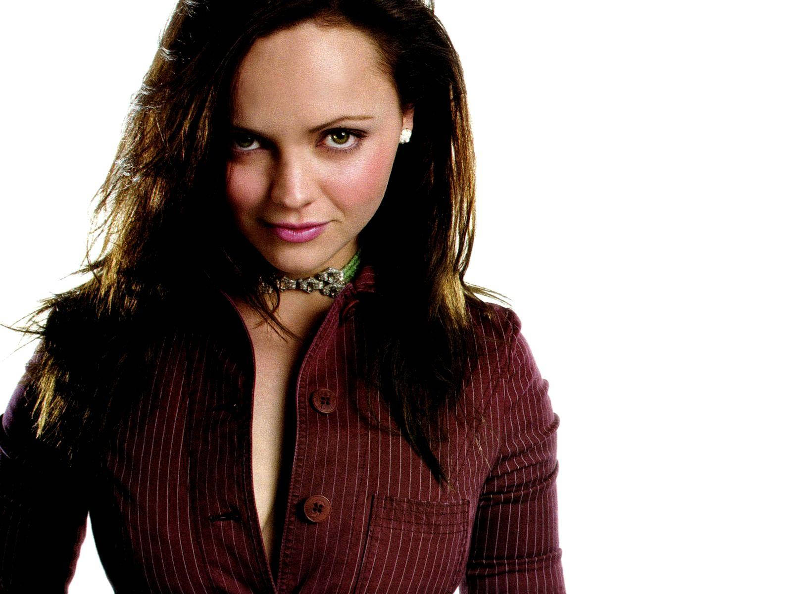 Christina Ricci, maroon pinstripe shirt, dark hair, HD Desktop Wallpaper