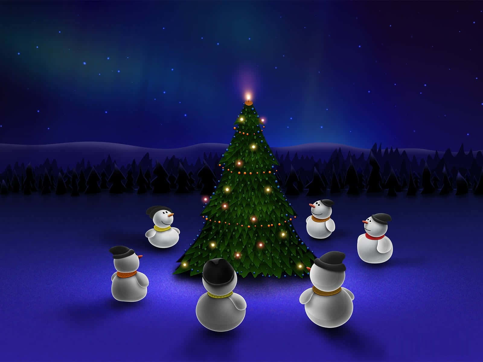 Christmas tree, snowmen, starry winter night sky, HD Desktop Wallpaper