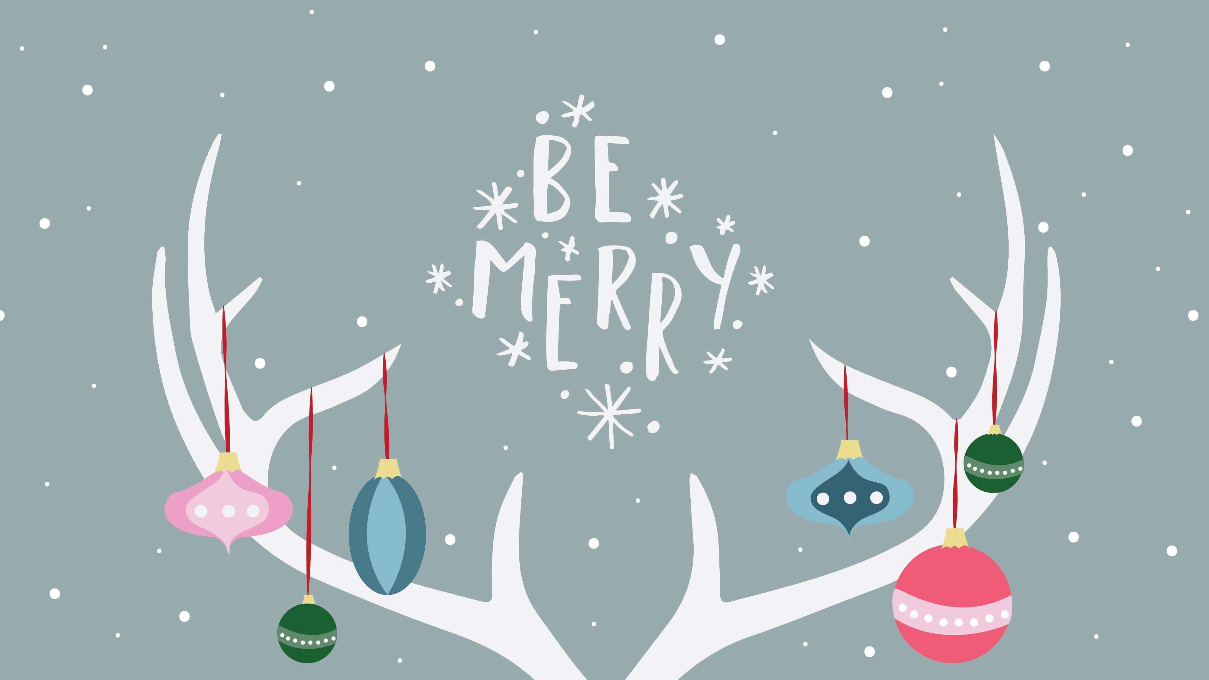 white deer antlers, colorful ornaments, snowflakes, 4K Desktop Wallpaper