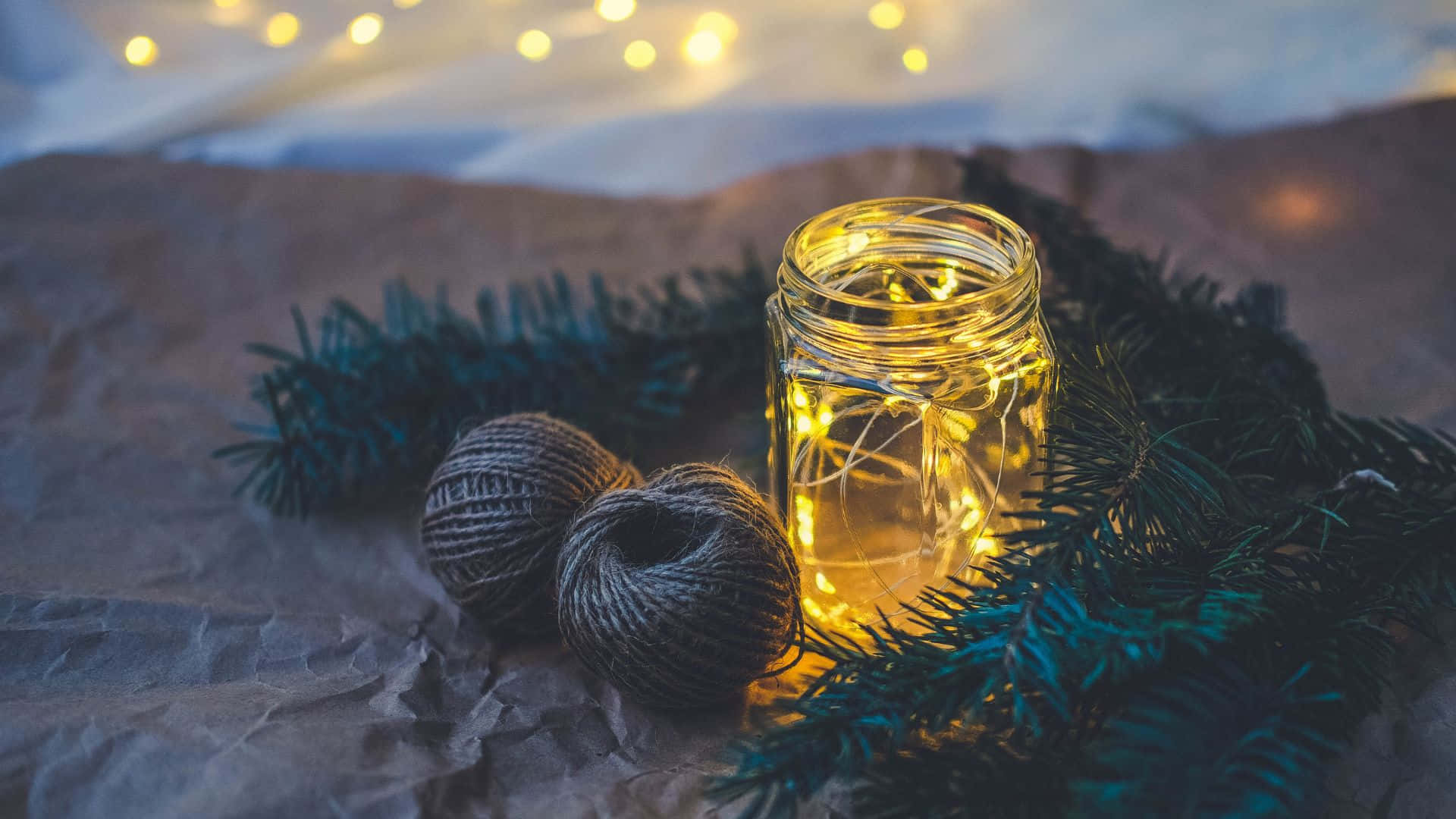 fairy lights, pine branches, twine, Full HD Desktop Wallpaper