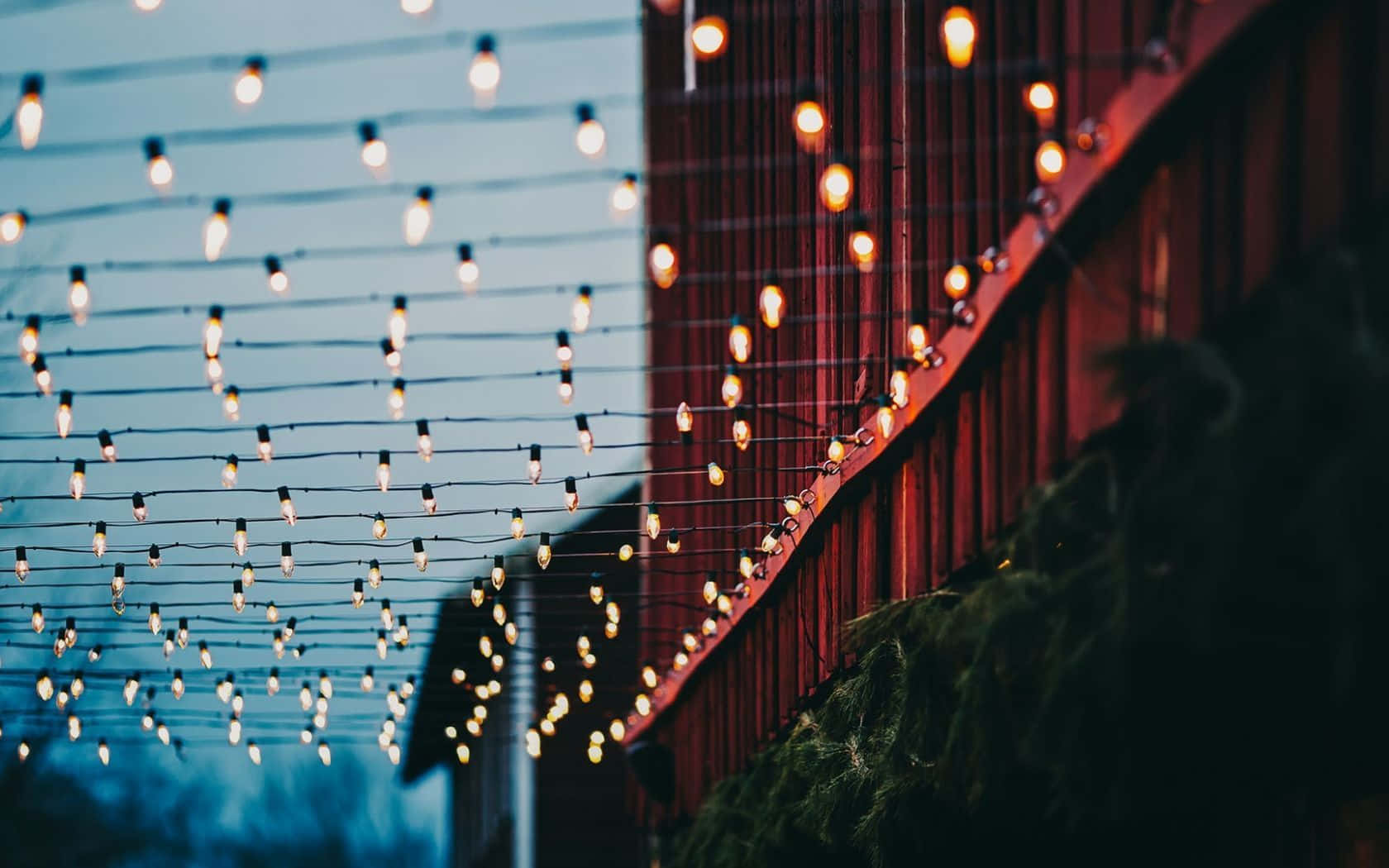 Christmas Aesthetic Computer, warm string lights, red barn wall, HD Desktop Wallpaper