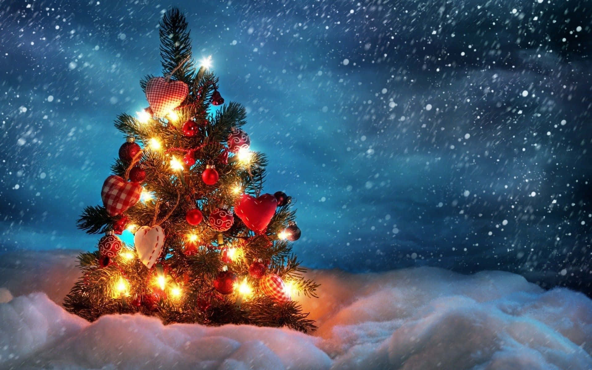 Christmas Aesthetic Computer, small tree, red hearts, Full HD Desktop Wallpaper