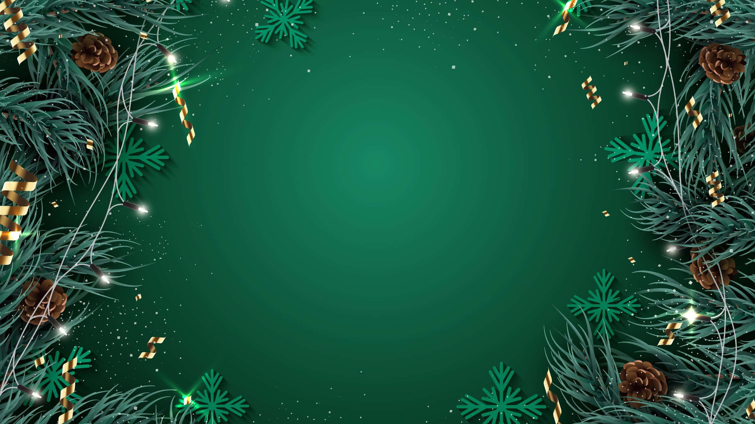 Christmas Aesthetic Tumblr Computer, festive green border, pine needles, 2K Desktop Wallpaper
