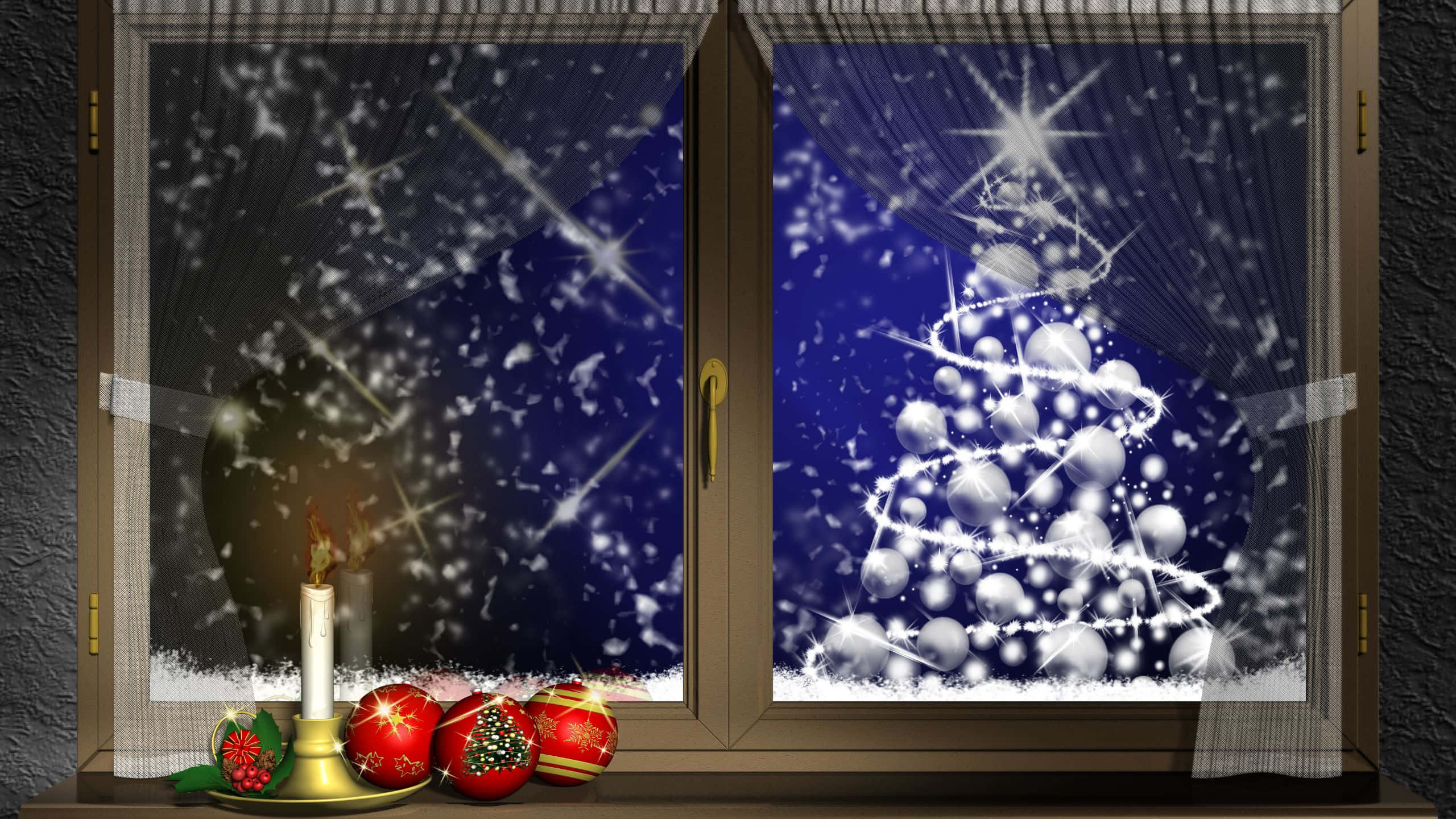 Christmas Aesthetic Tumblr Computer Screen Theme, snowy night, glowing Christmas tree, 2K Desktop Wallpaper