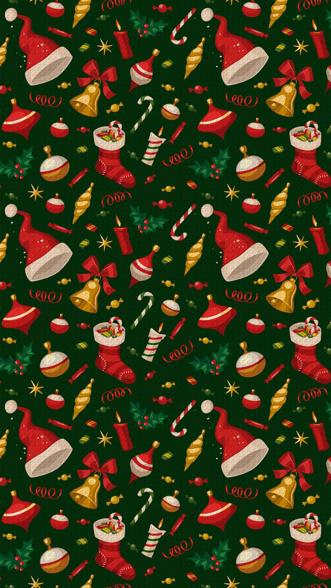 Christmas Figures Pattern, red hats, candy canes, Full HD Phone Wallpaper