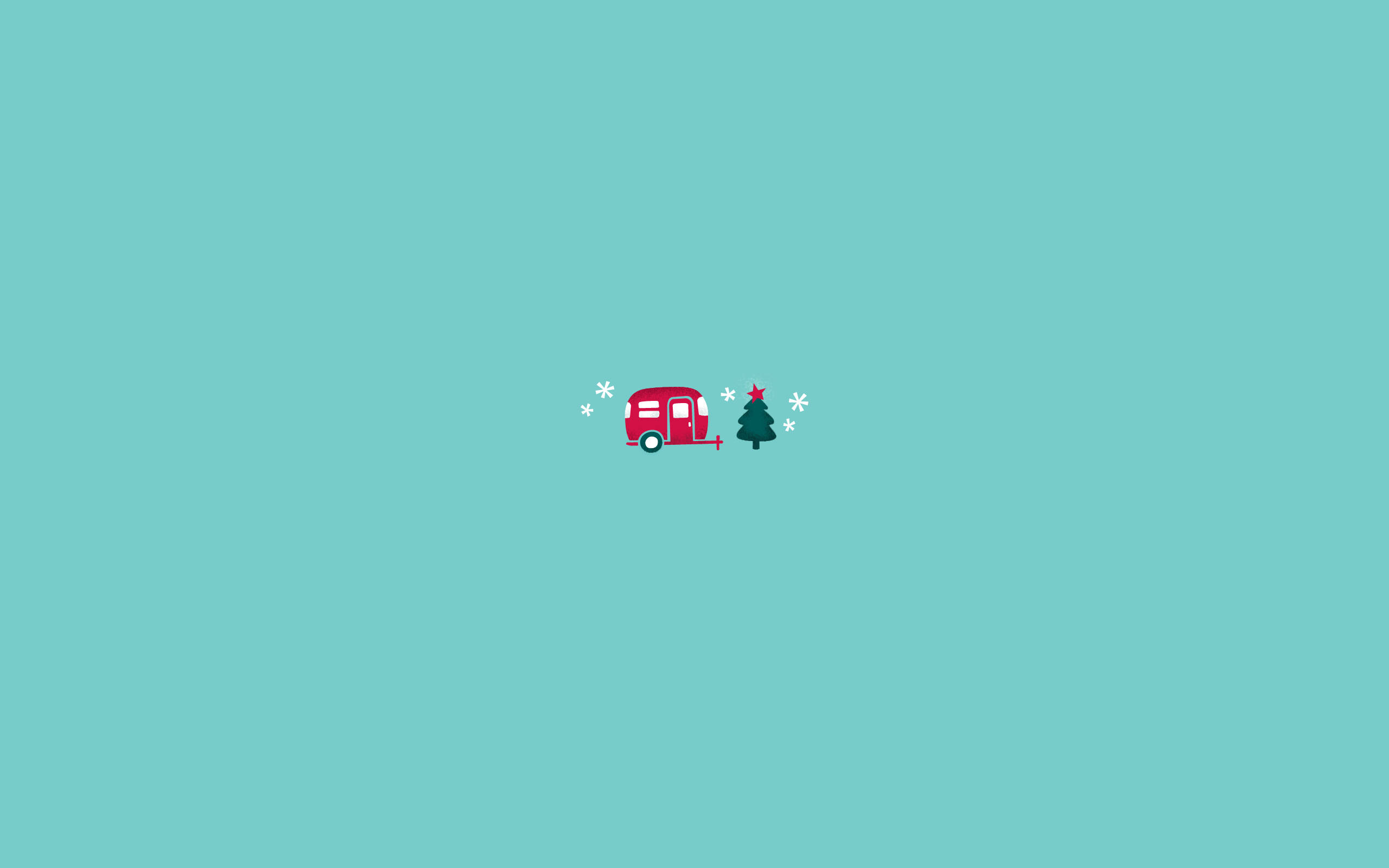 teal background, red vintage camper, green Christmas tree, 2K Desktop Wallpaper
