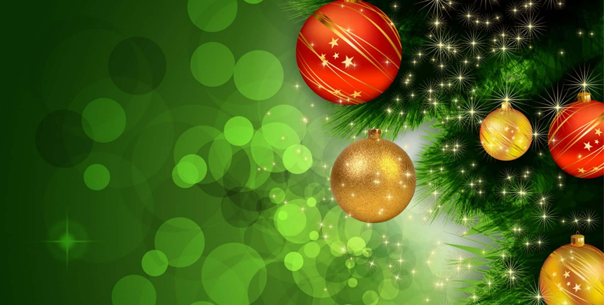 red and green Christmas, shimmering red and gold Christmas ornaments, green pine branches, Full HD Desktop Wallpaper