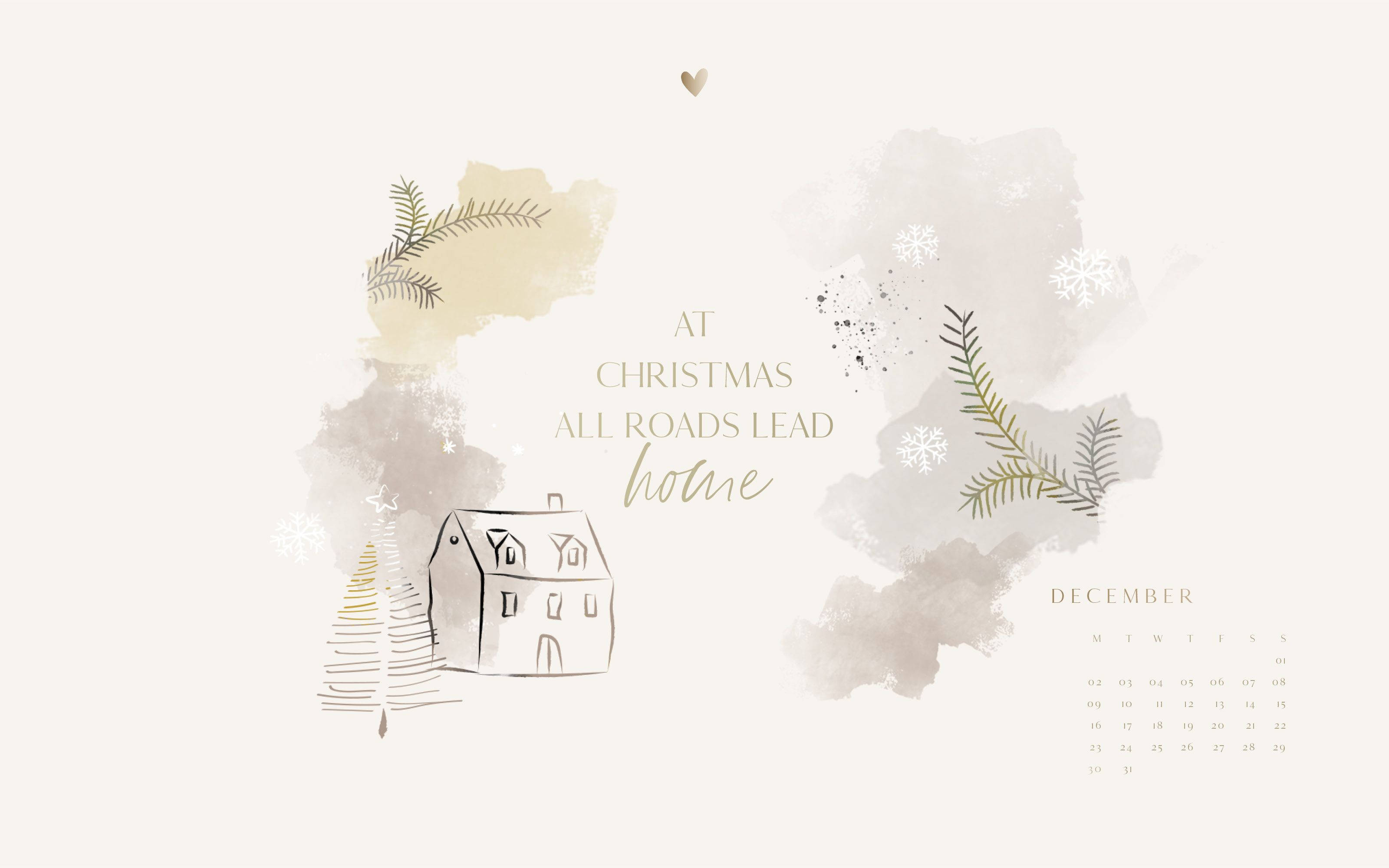 Christmas Aesthetic, brown desktop, watercolor-style illustration, 2K Desktop Wallpaper
