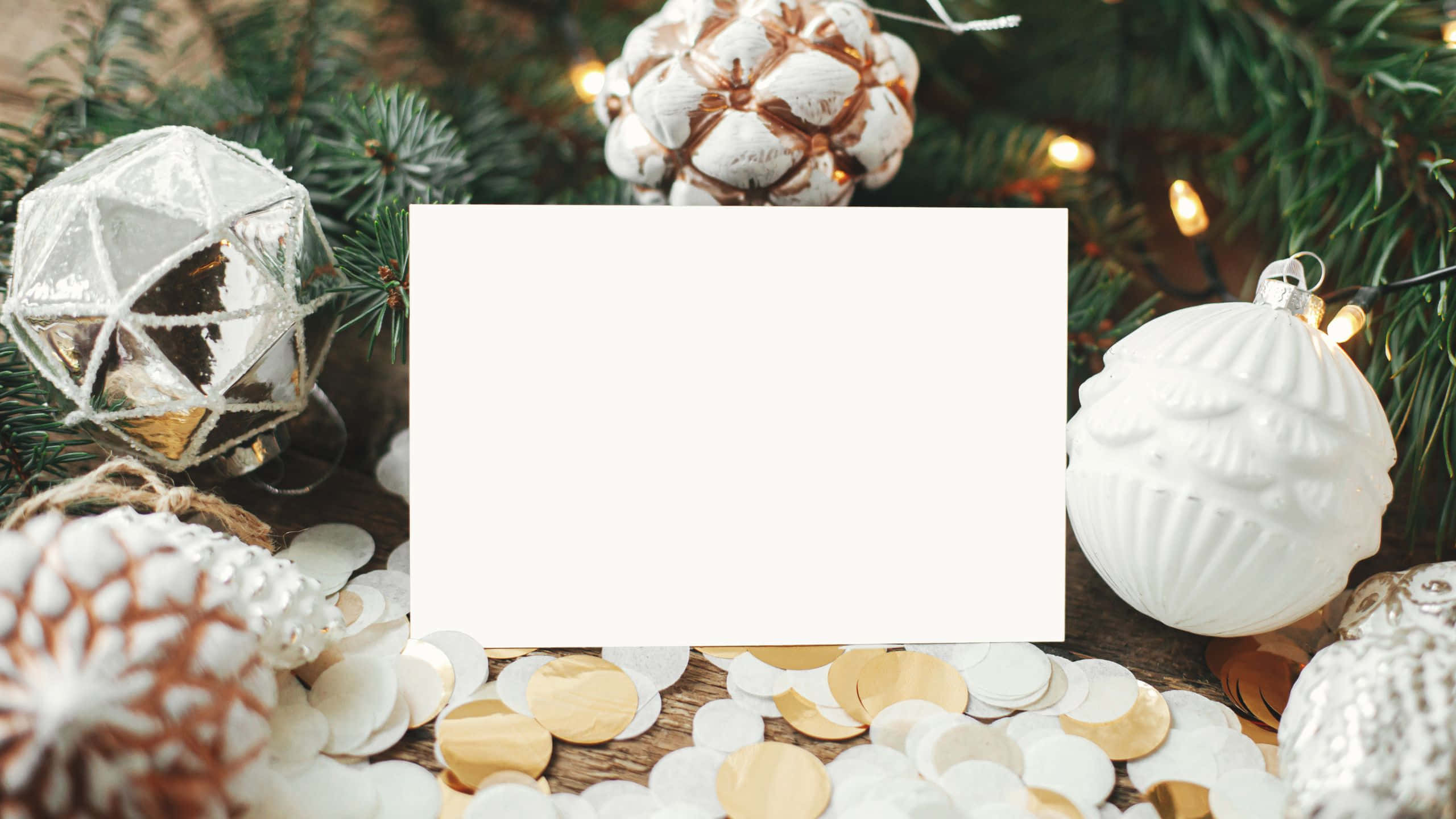 Christmas Aesthetic Tumblr Computer, white and gold ornaments, pine branches, 2K Desktop Wallpaper