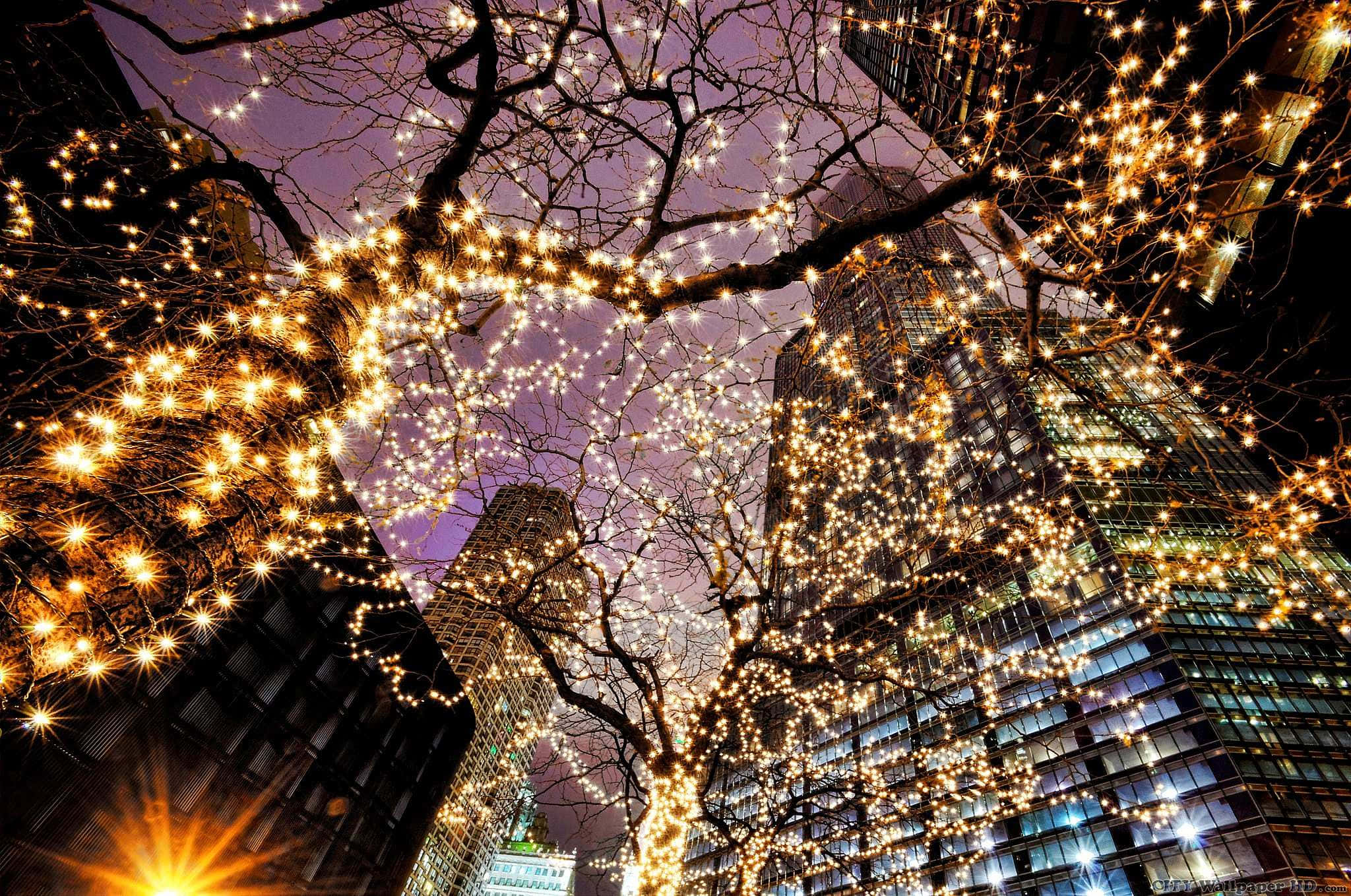 Christmas Aesthetic Tumblr Computer, glowing string lights, purple night sky, Full HD Desktop Wallpaper