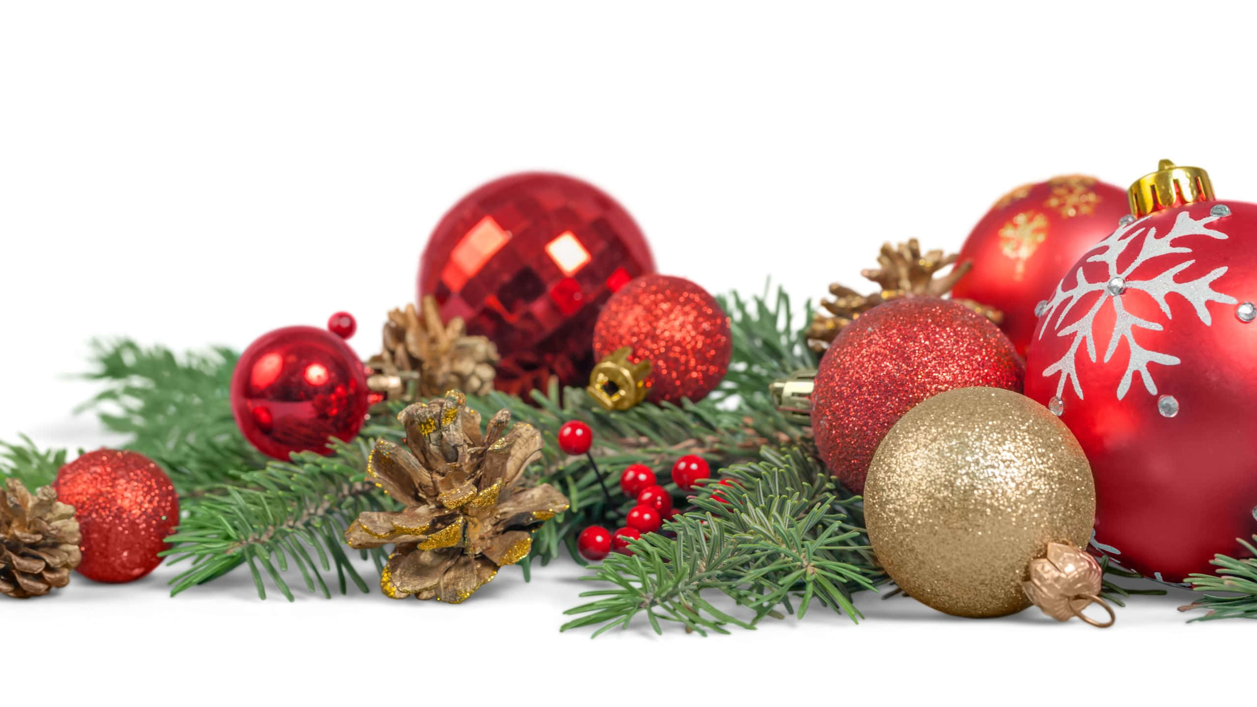 Christmas Aesthetic Tumblr Computer, red and gold Christmas ornaments, pinecones, 2K Desktop Wallpaper