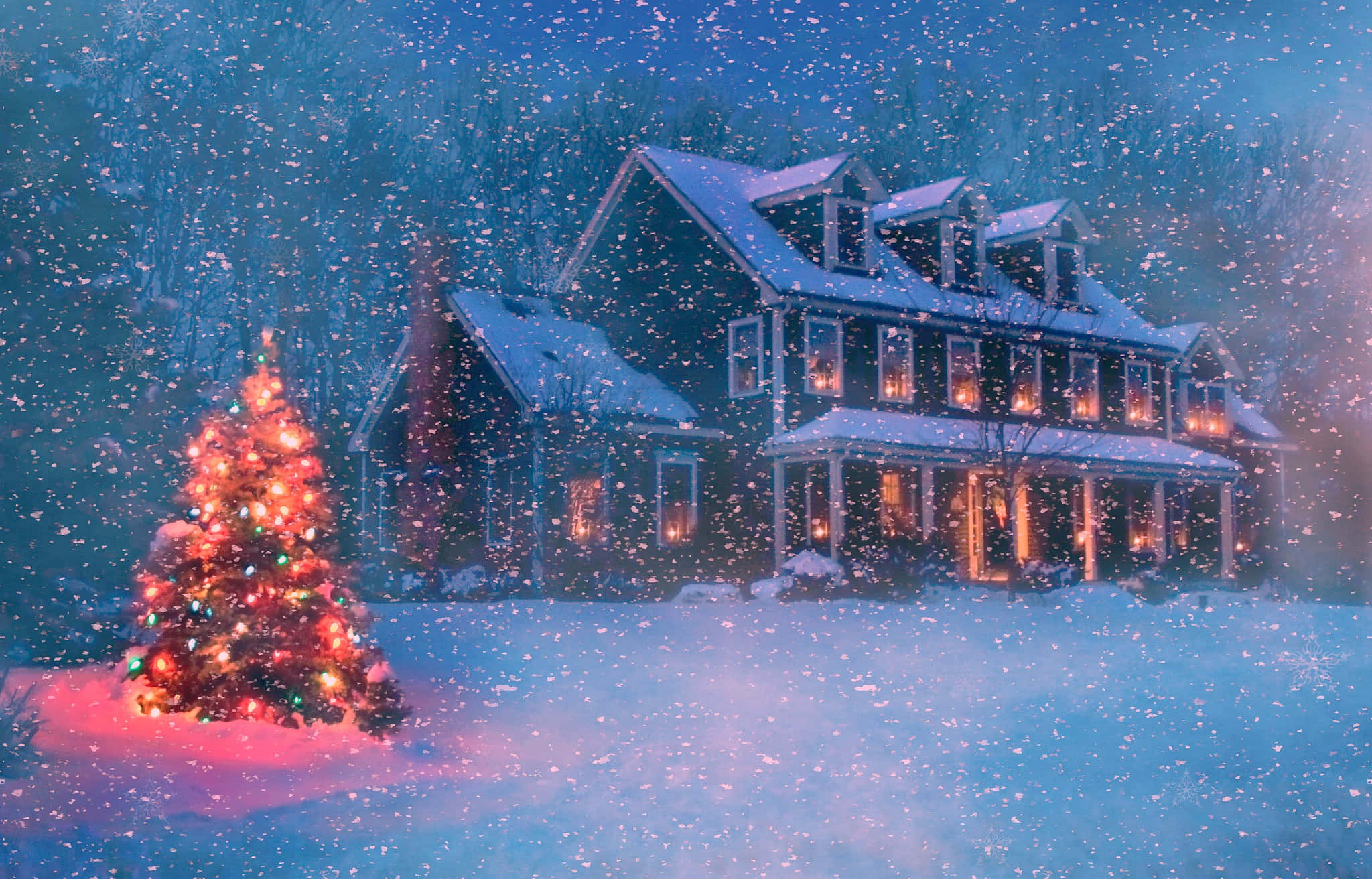 cozy christmas, snow-covered house, night, Full HD Desktop Wallpaper