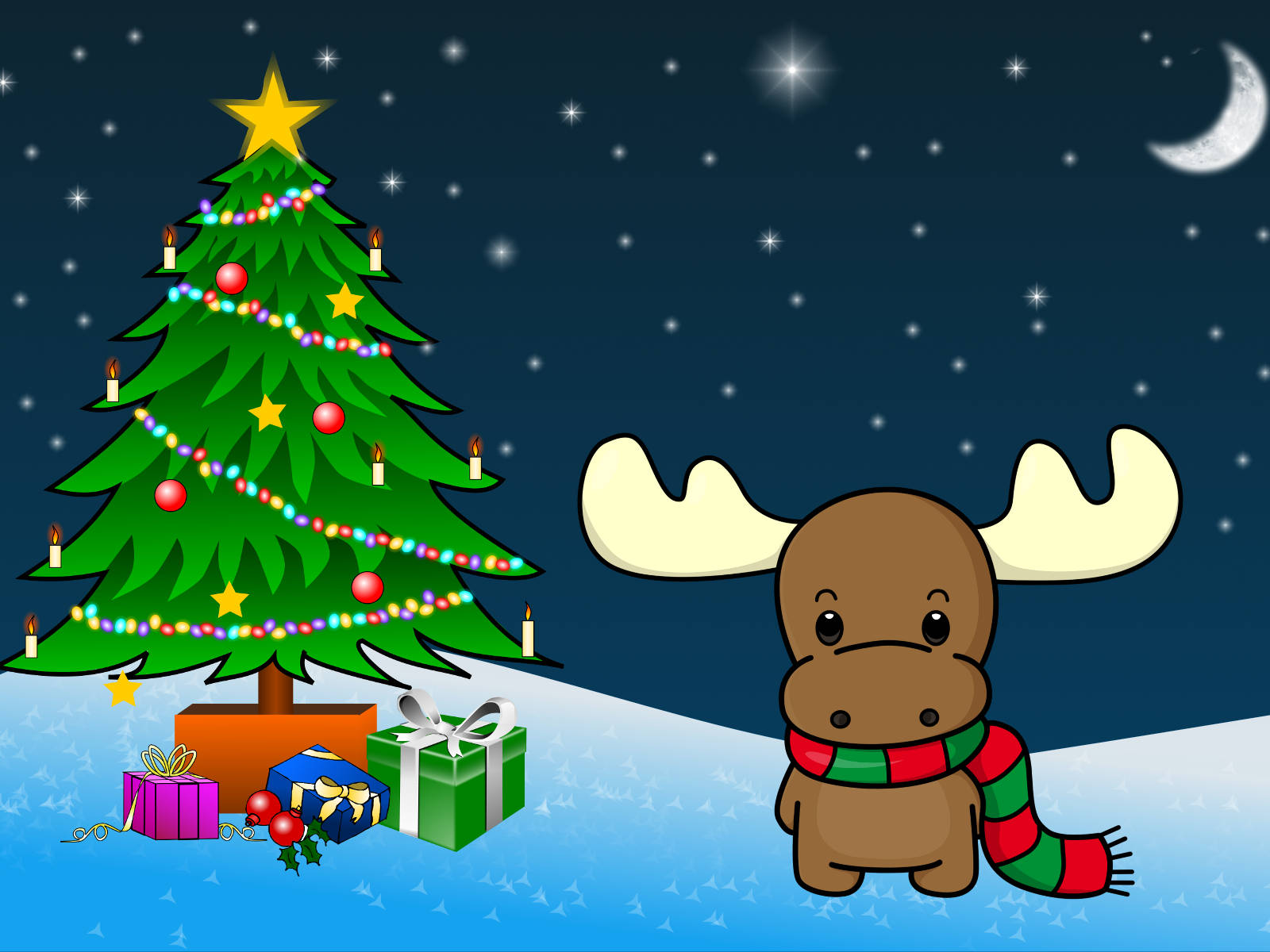 cartoon moose, red green scarf, brightly lit Christmas tree, HD Desktop Wallpaper