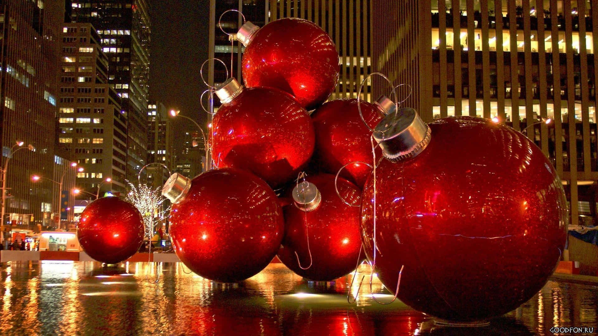 red Christmas ornaments, city lights, wet pavement, Full HD Desktop Wallpaper