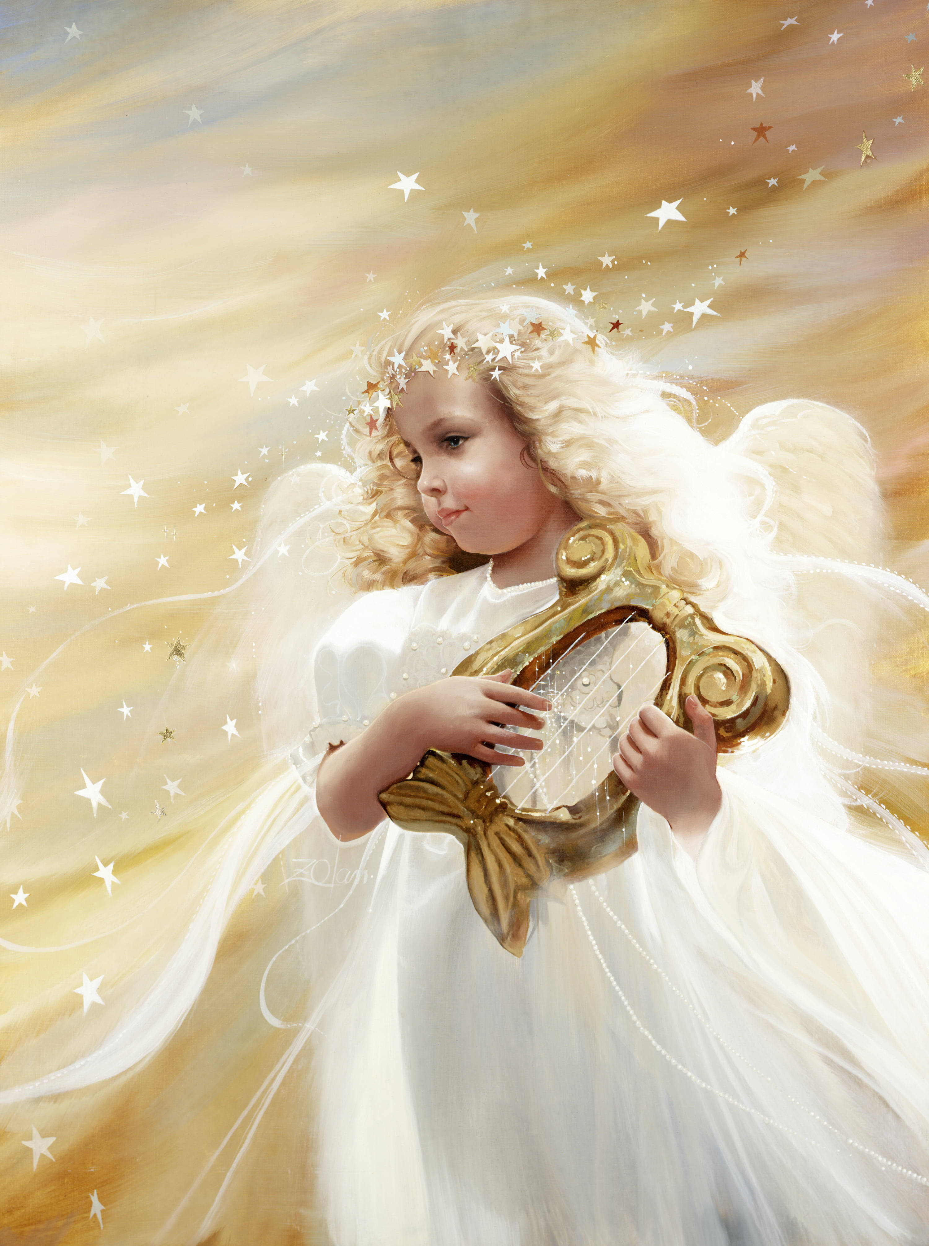 Ethereal Christmas Angel, golden hair, white wings, 4K Phone Wallpaper