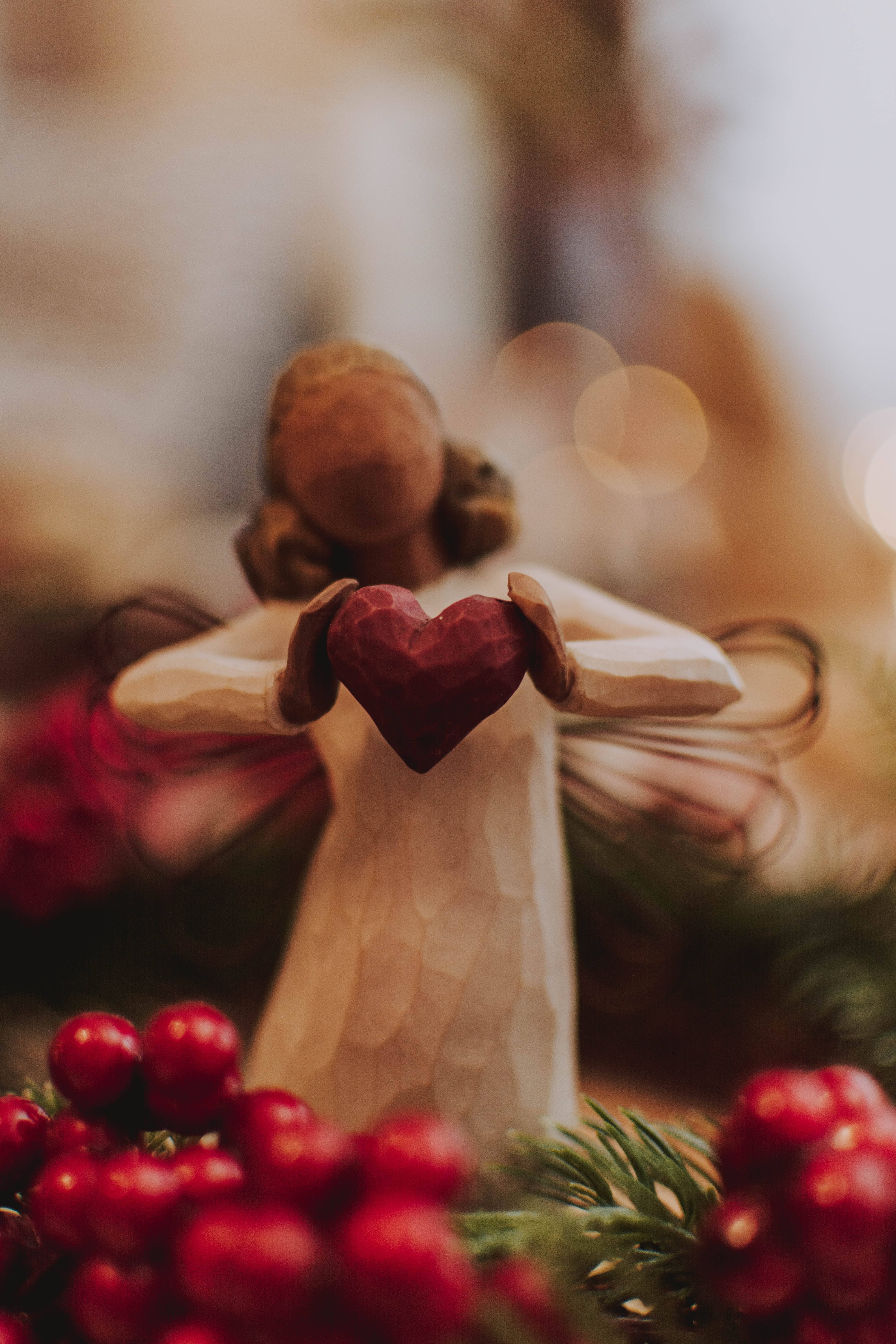 wooden Christmas angel, red heart, red berries, 5K Phone Wallpaper