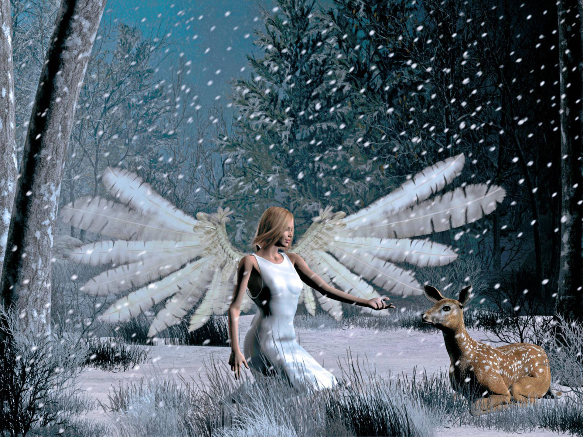 3D Christmas Angel, winged woman, white, Full HD Desktop Wallpaper