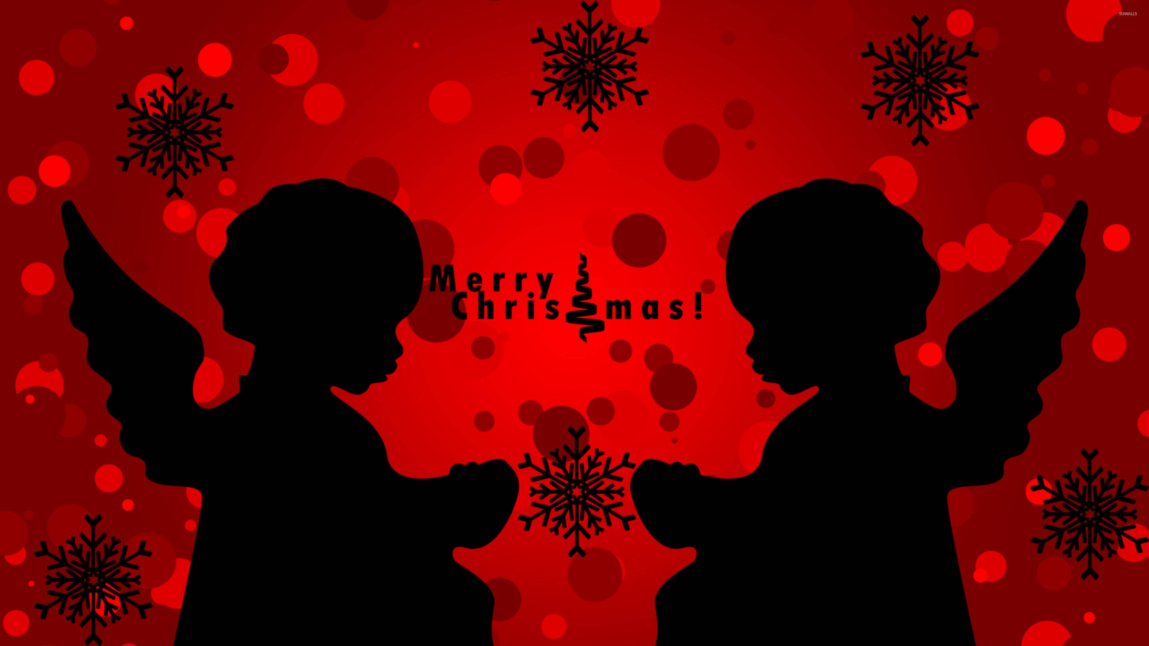 Christmas Angels, silhouette, vibrant red background, 4K Desktop Wallpaper