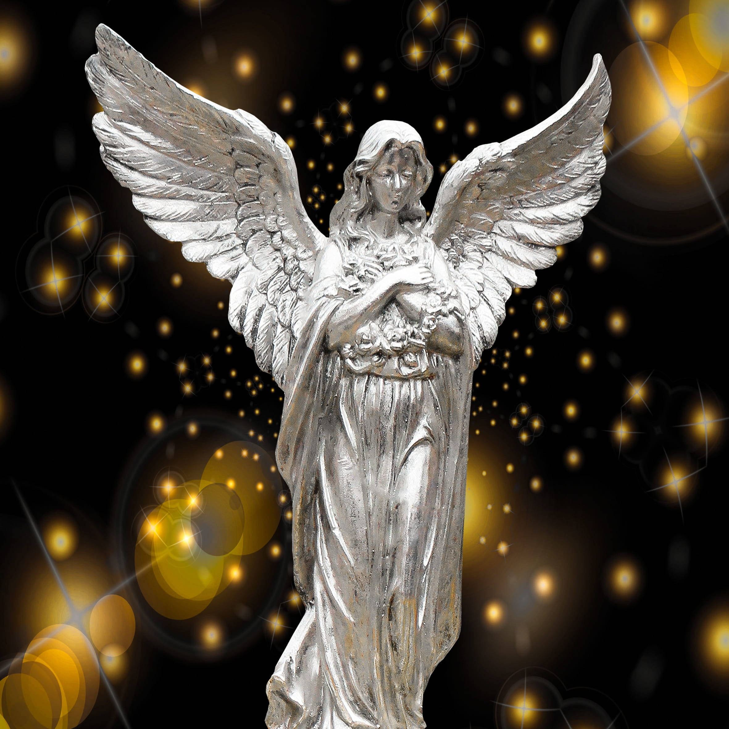 silver angel, outstretched wings, bouquet, Full HD Desktop Wallpaper