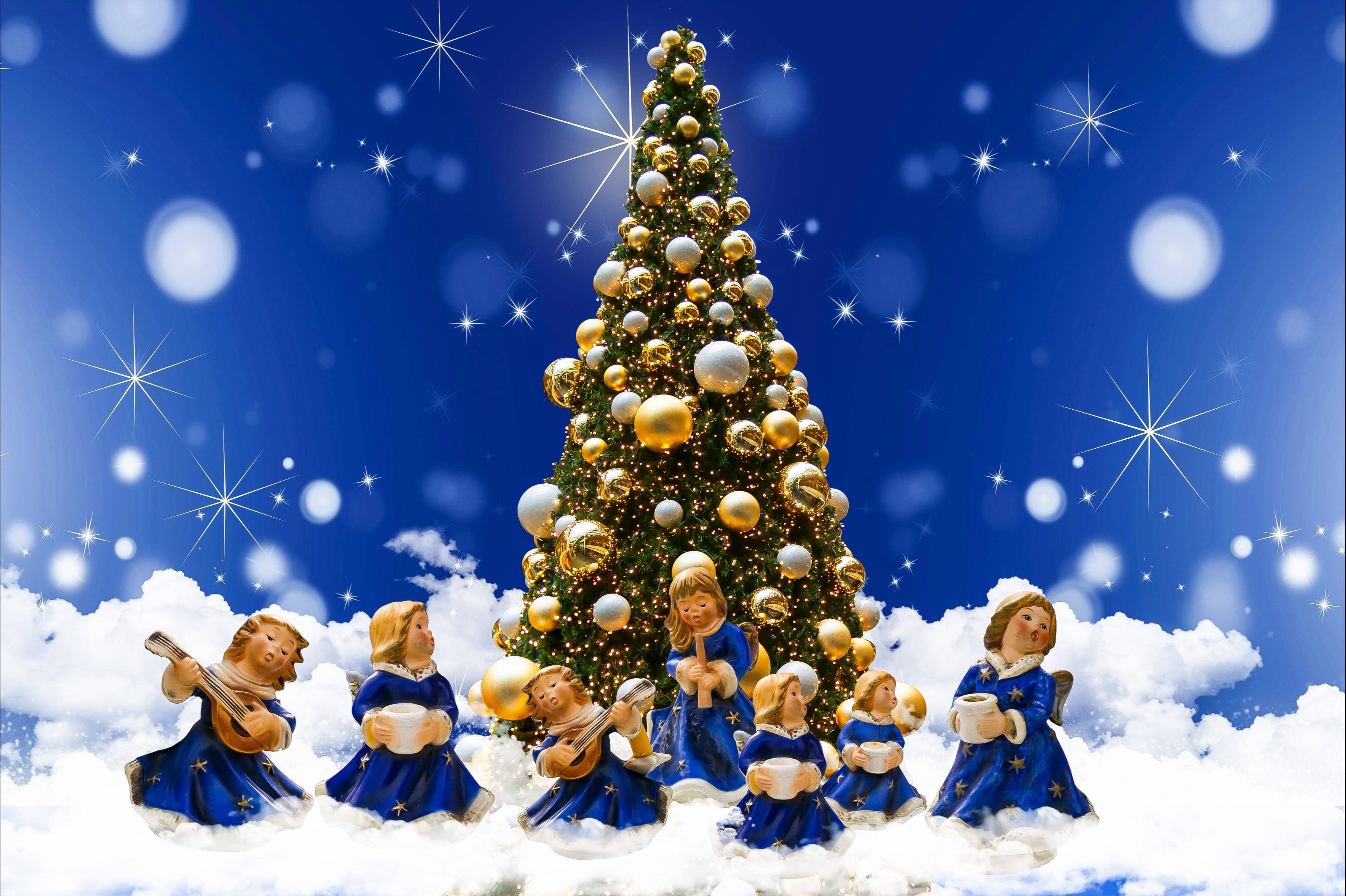 blue star-patterned robes, gold and silver ornaments, snowy clouds, 2K Desktop Wallpaper
