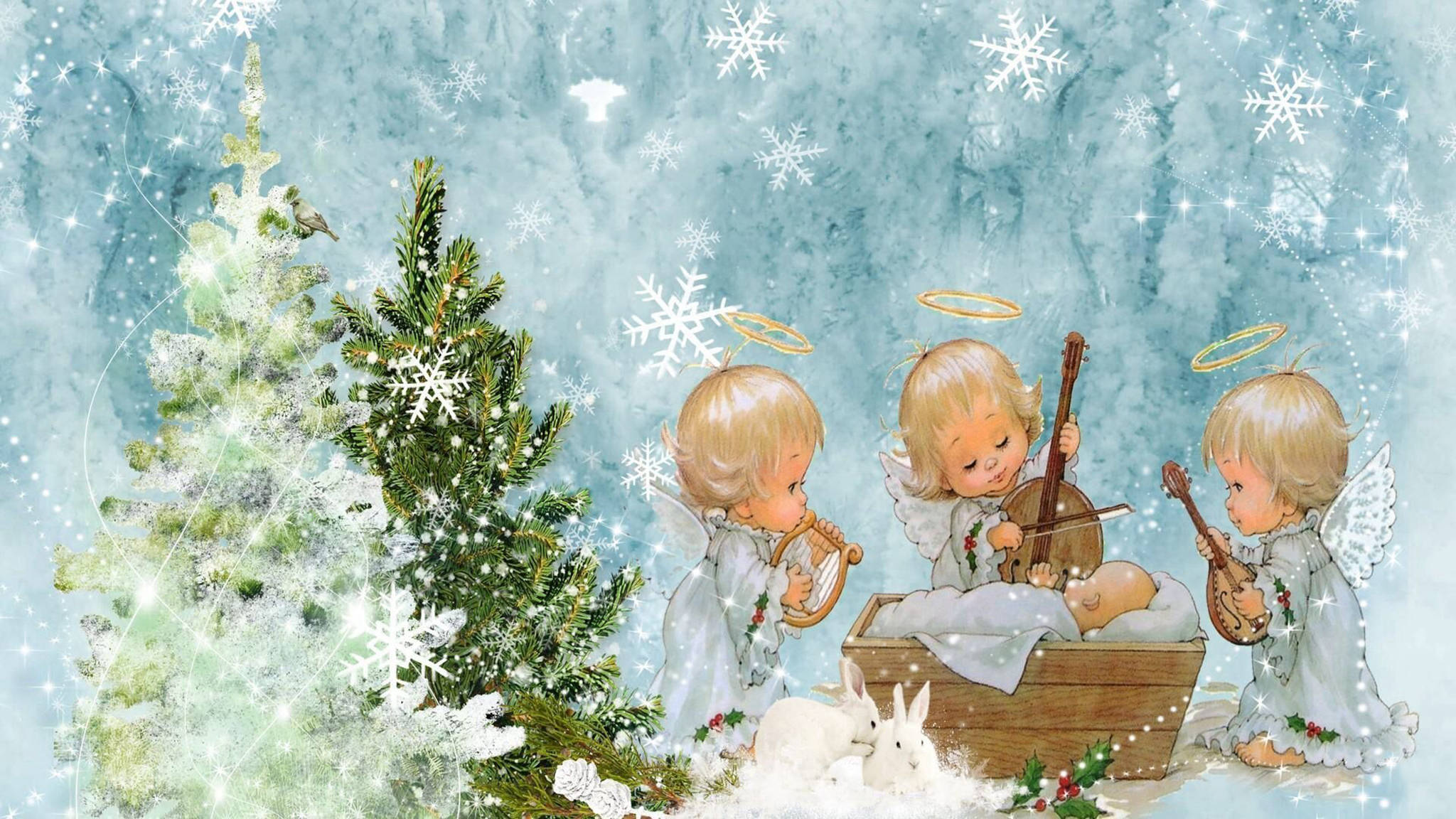 Christmas Angels, baby Jesus, manger, Full HD Desktop Wallpaper