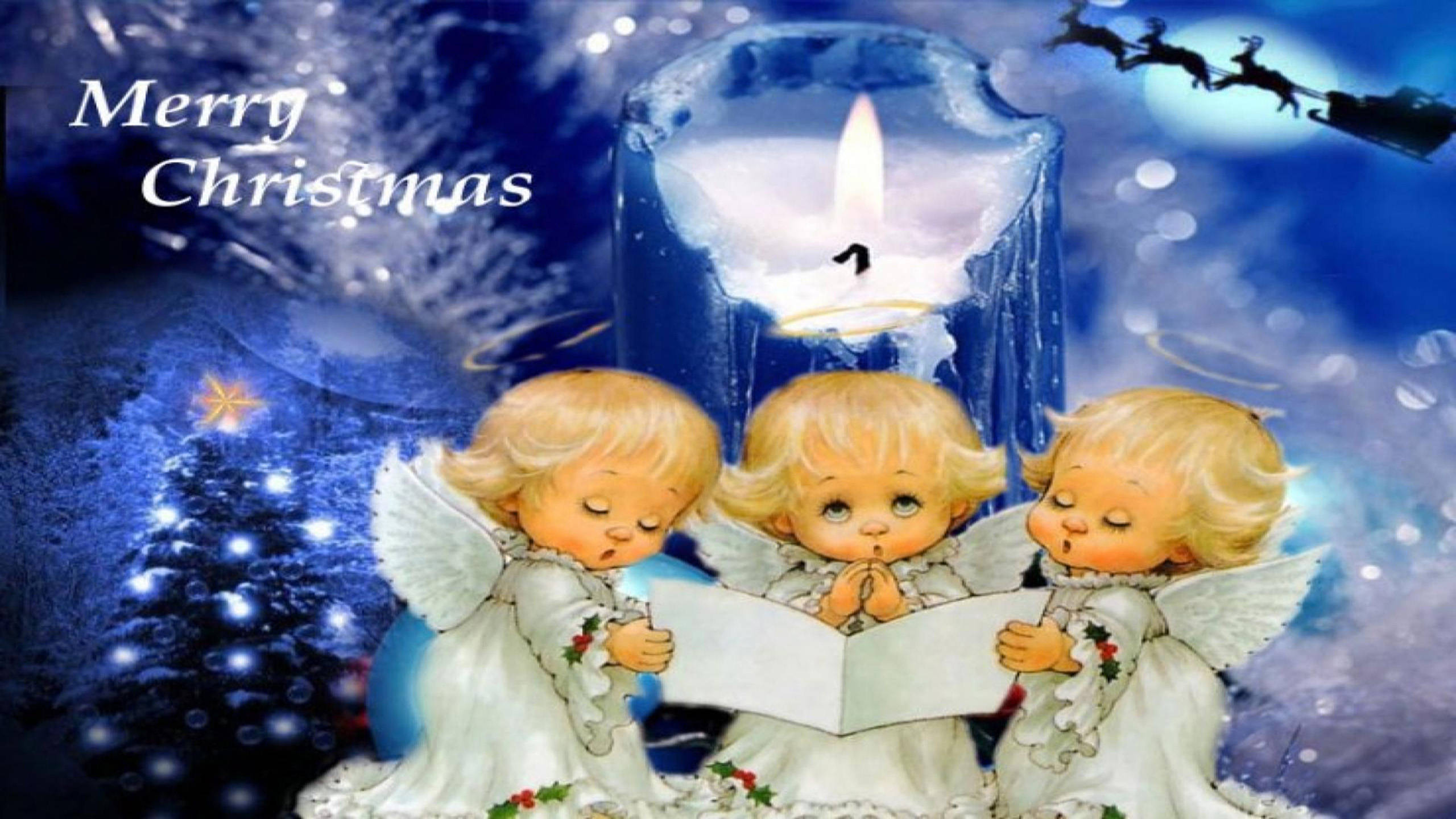 Christmas Angels, blue illustration, white gowns, 2K Desktop Wallpaper