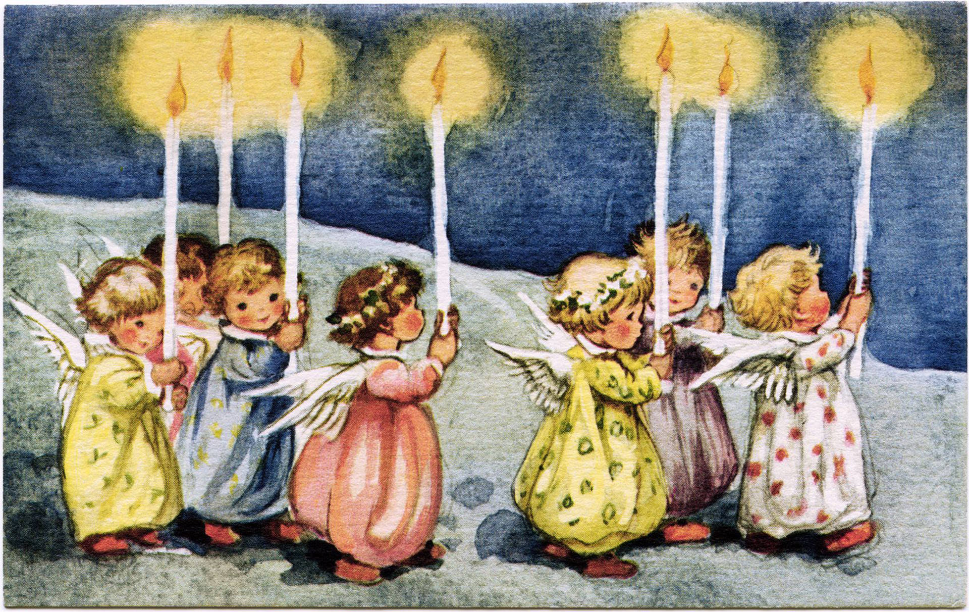 vintage watercolor illustration, cherubic angels, colorful robes, Full HD Desktop Wallpaper