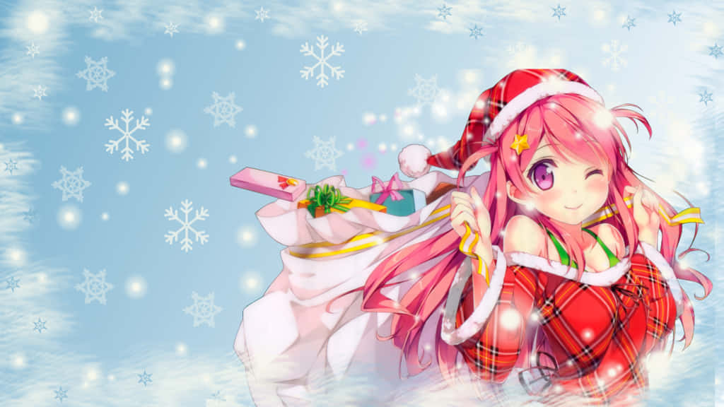anime girl, pink hair, Santa hat, SD Desktop Wallpaper