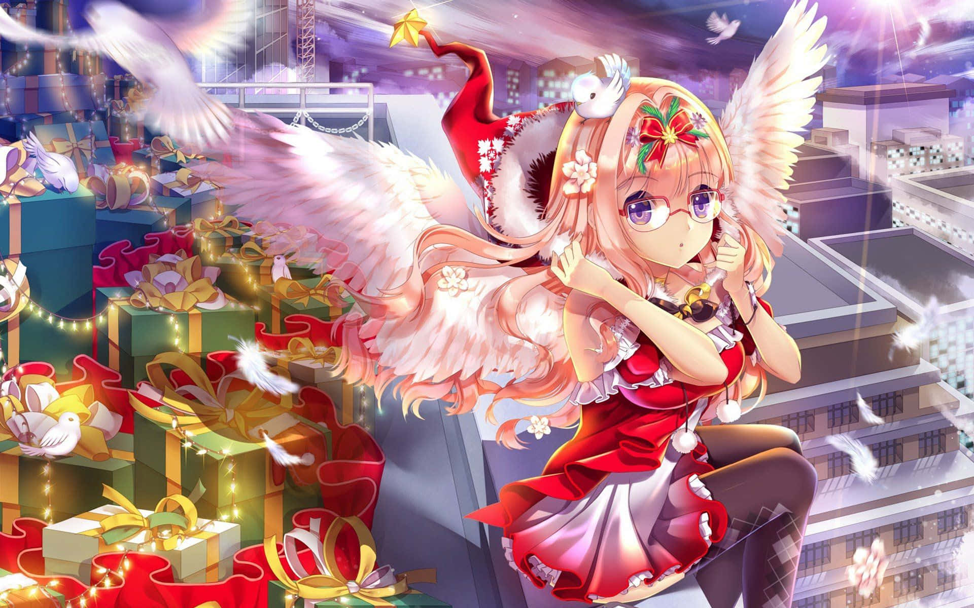 anime angel girl, red holiday outfit, glowing gift boxes, Full HD Desktop Wallpaper
