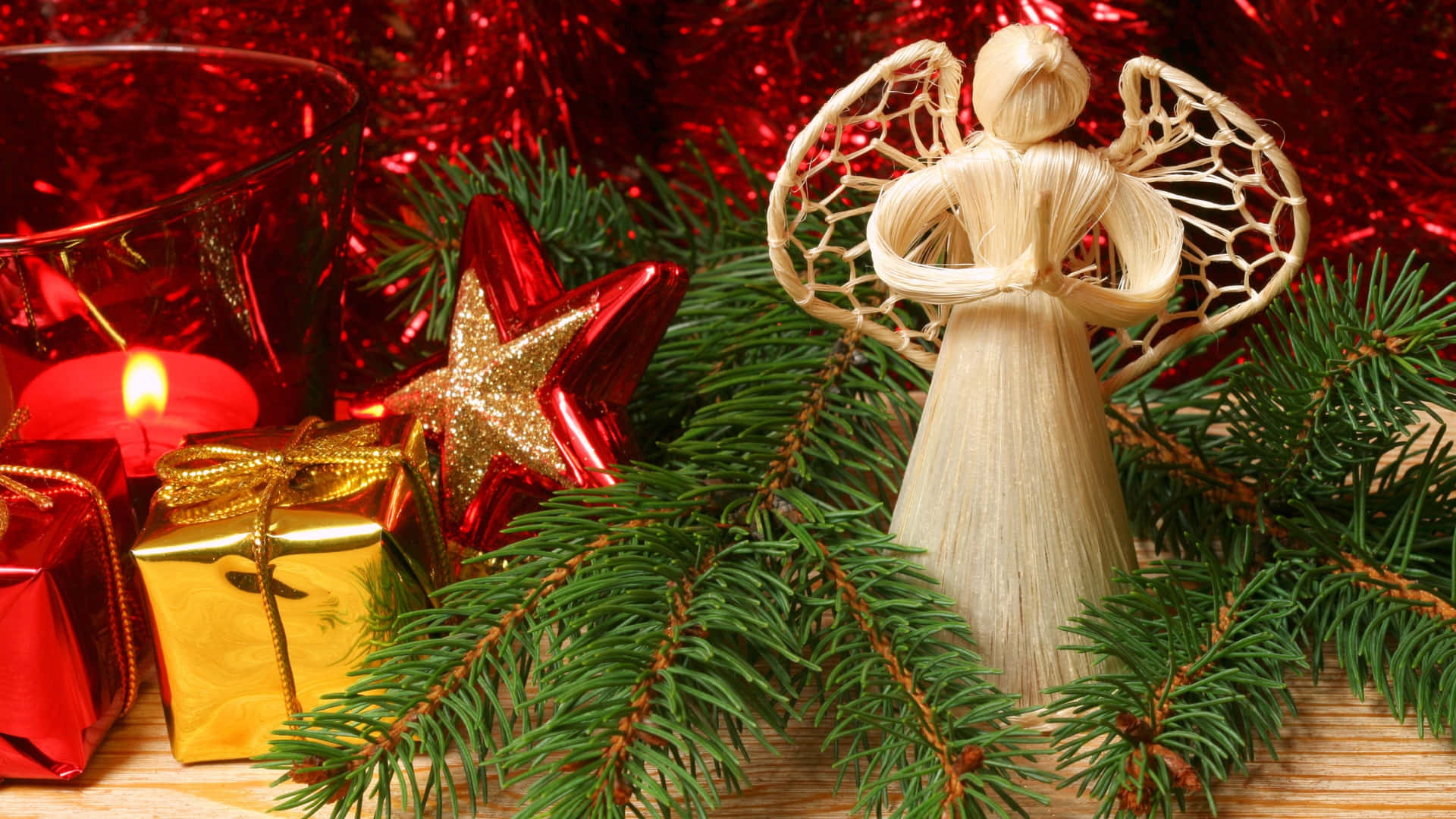 straw angel figurine, pine branches, red gold wrapped gifts, Full HD Desktop Wallpaper