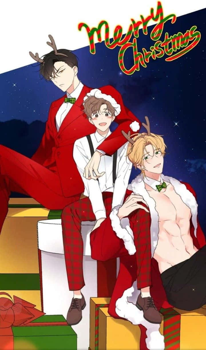 Christmas Anime Boys, reindeer antlers, festive red holiday outfits, SD Phone Wallpaper