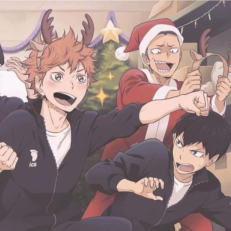 Christmas tree, festive holiday gear, three anime boys, SD Desktop Wallpaper