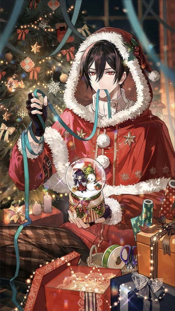 Christmas Anime Boy, Santa coat, snow globe, SD Phone Wallpaper