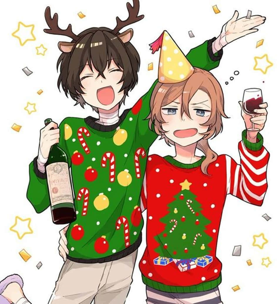 Christmas Anime Boys, festive holiday sweaters, wine, SD Phone Wallpaper