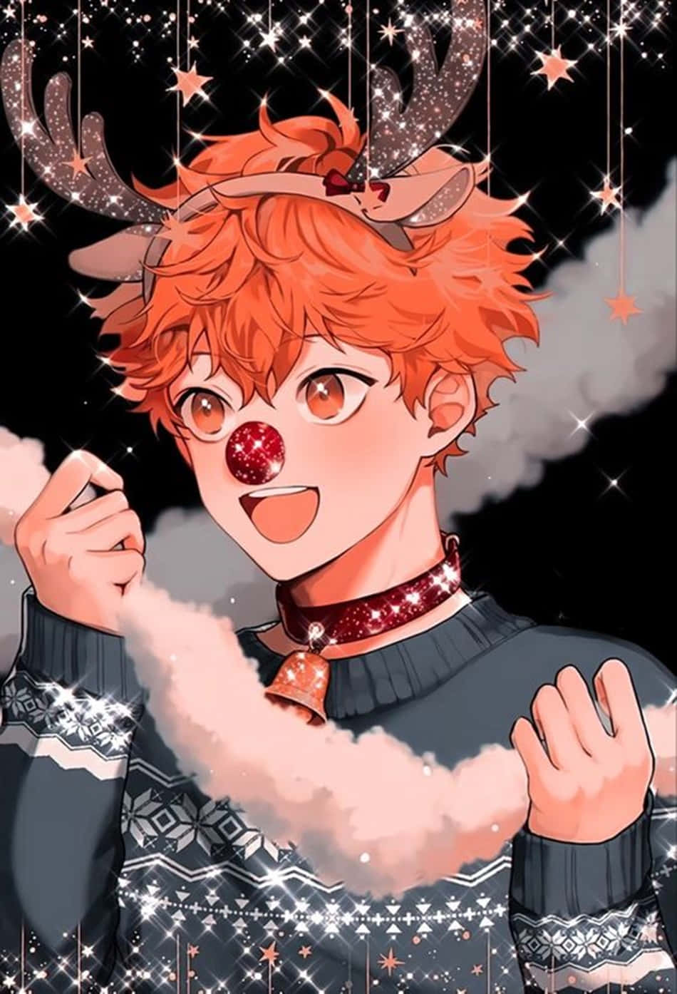 anime boy, orange hair, reindeer antlers, HD Phone Wallpaper