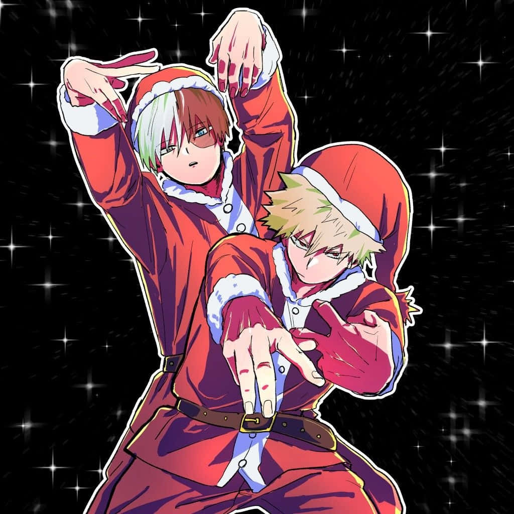 Christmas Anime Boys, festival red Santa outfits, sparkling starry night sky, SD Desktop Wallpaper
