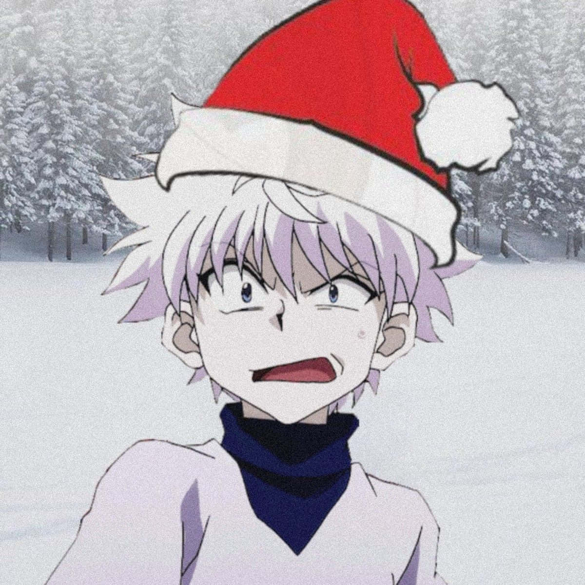spiky white hair, red Santa hat, blue scarf, SD Desktop Wallpaper
