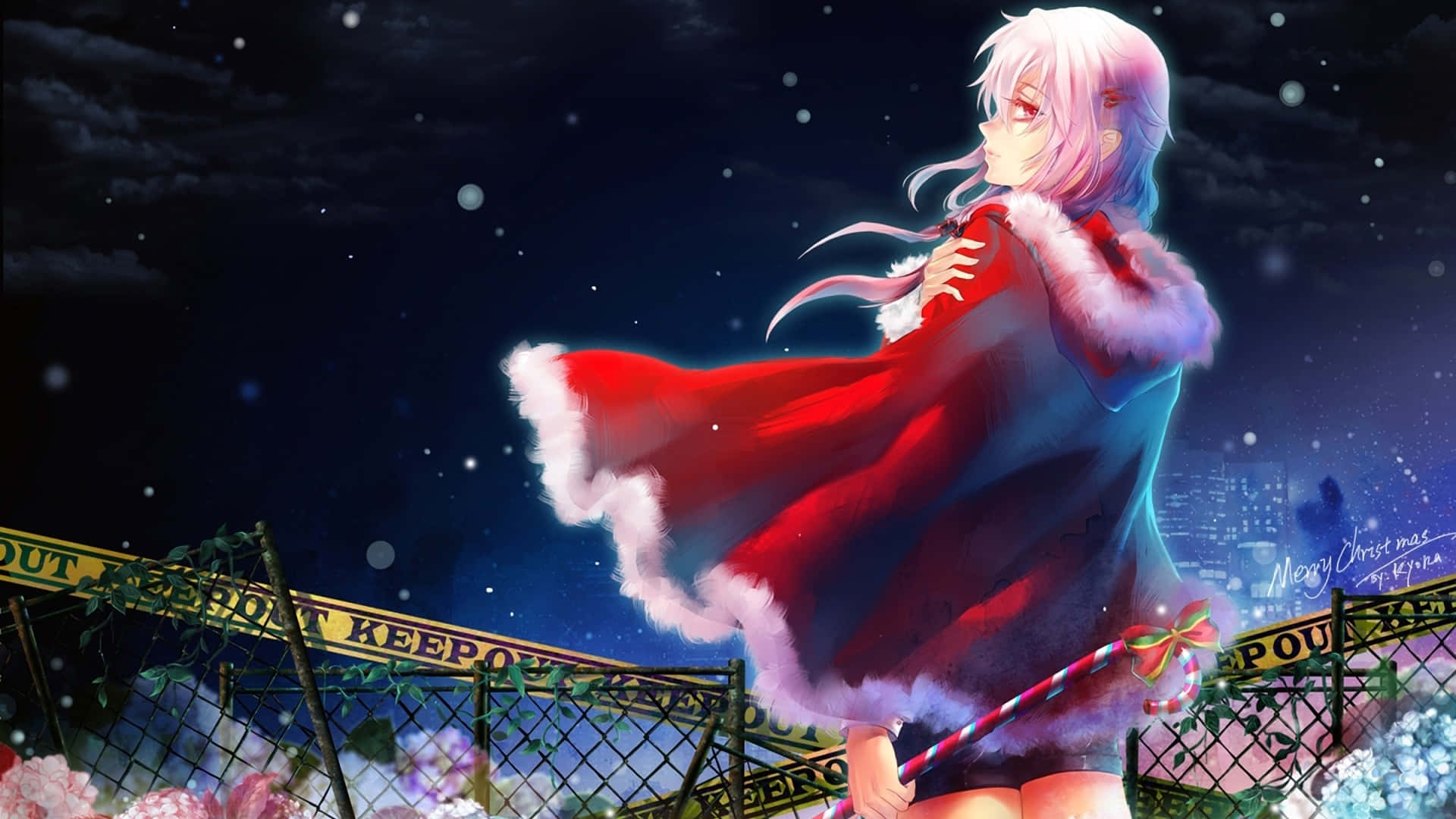pink-haired anime girl, red Santa coat, fence, Full HD Desktop Wallpaper